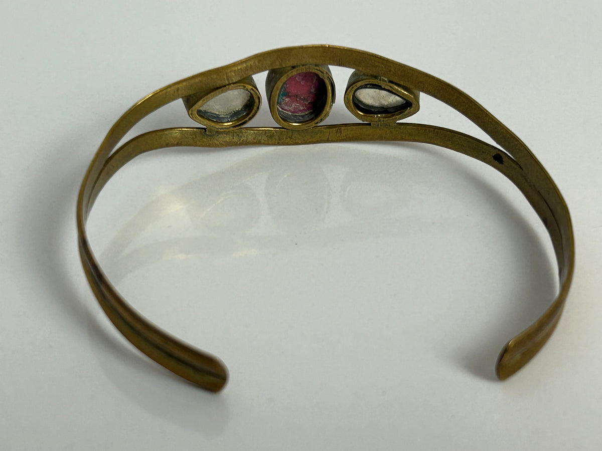 Vintage Small Brass Pink Stone & Glass Set Pretty Bangle/Bracelet