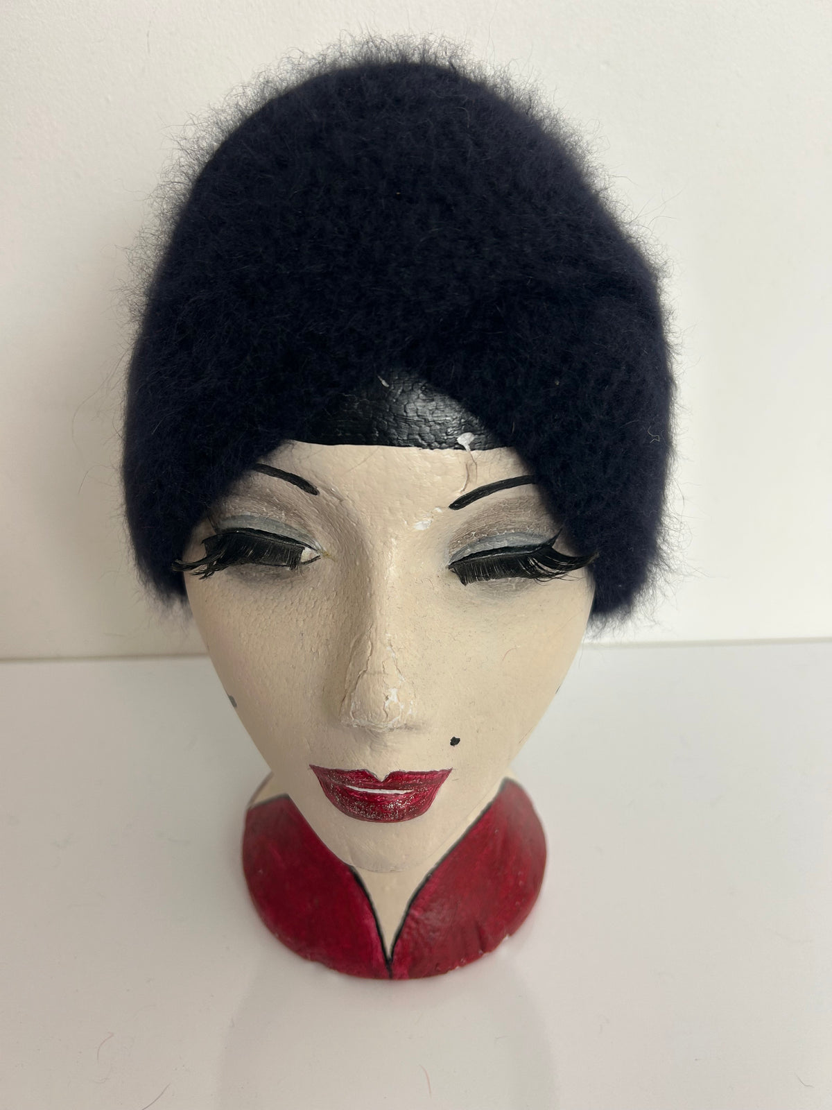 Vintage THELEN Black Wool & Angora Mix Turban Style Beanie Hat