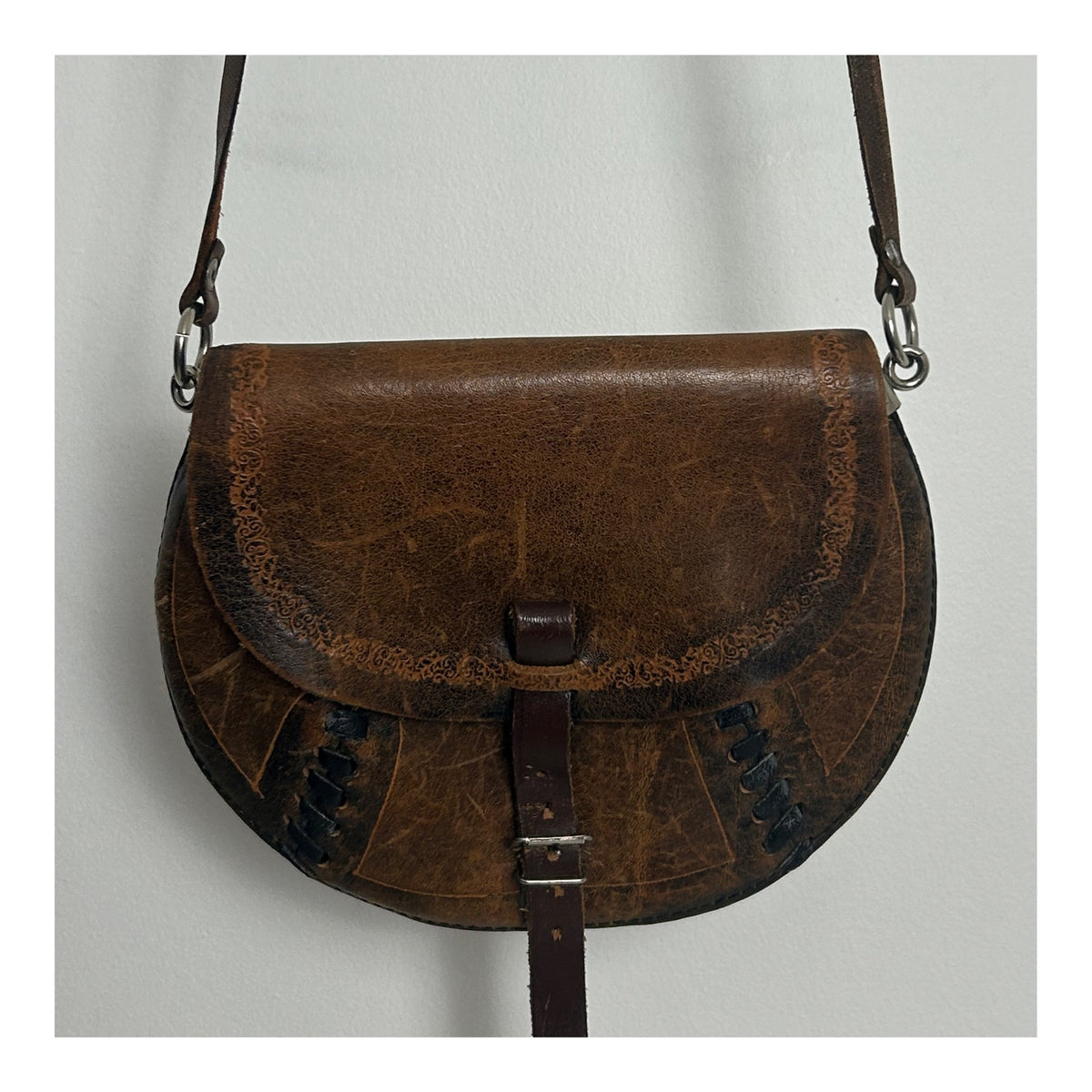 Vintage 1980s Small Handmade Distressed Western Style Crossbody Leather Saddle Bag