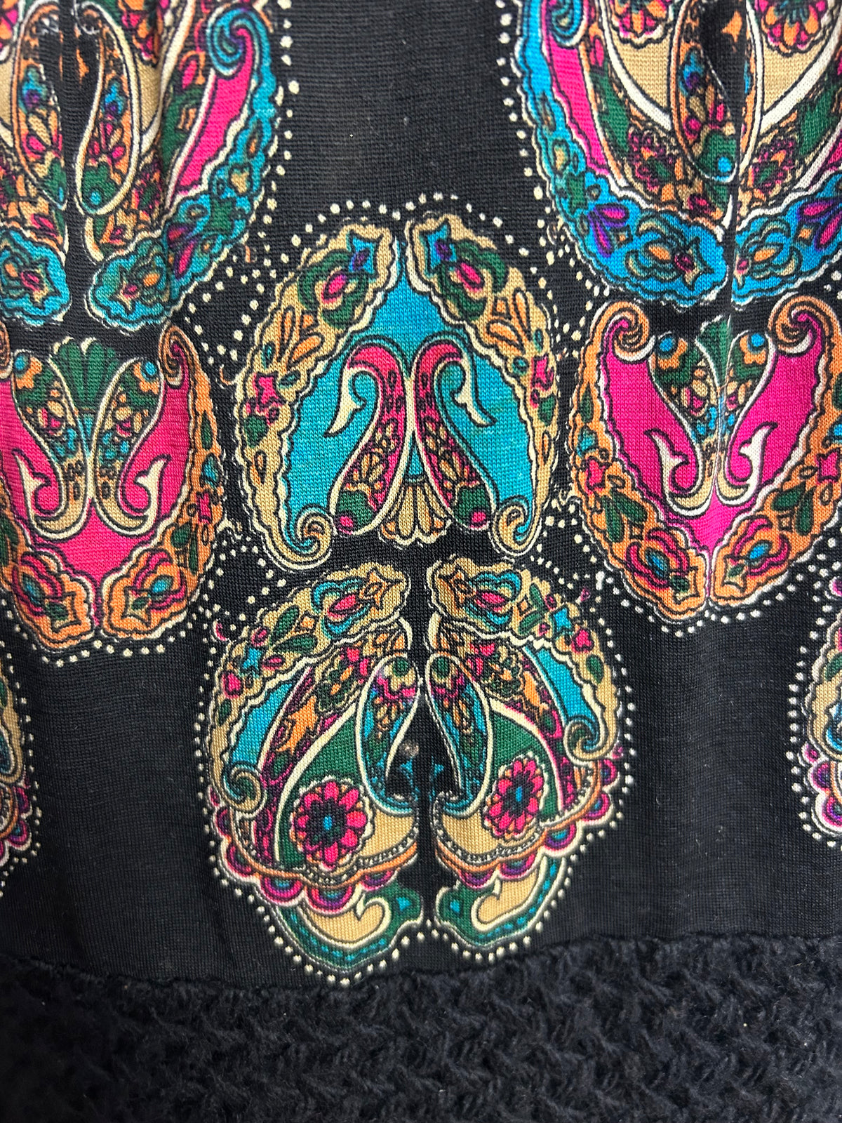Vintage Early 1970s IRWA Size 12 Black Blue & Pink Nouveau Print Knitted Neck & Sleeves Pure Wool Maxi Dress