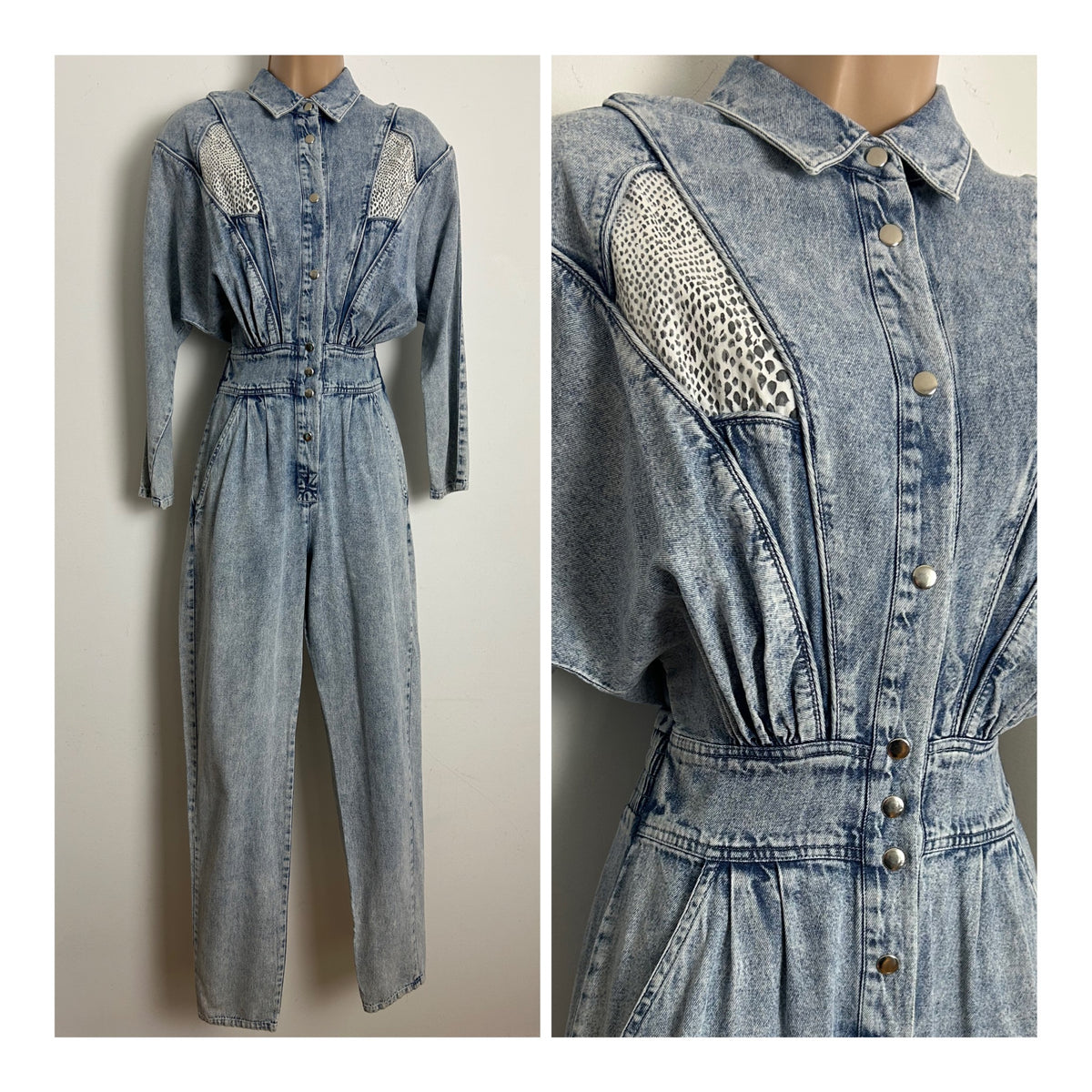 Vintage 1980s AVON FASHIONS Size 8-10 Acid Wash Denim & Snake Print Panels Tapered Leg Jumpsuit