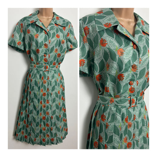 Vintage Early 1960s Size 16 Green Orange & White Floral Spot Print Belted Pleated Day Dress