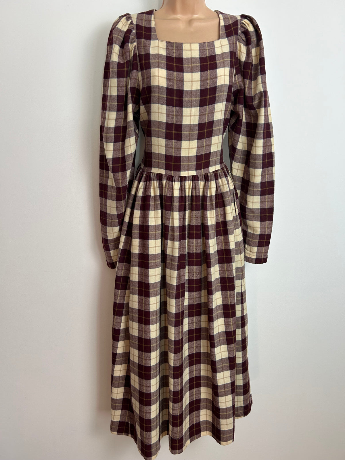 Vintage 1980s LAURA ASHLEY UK Size 10 (Size 12 On The Label) Maroon & Cream Check Print Wool & Cotton Mix Day Dress