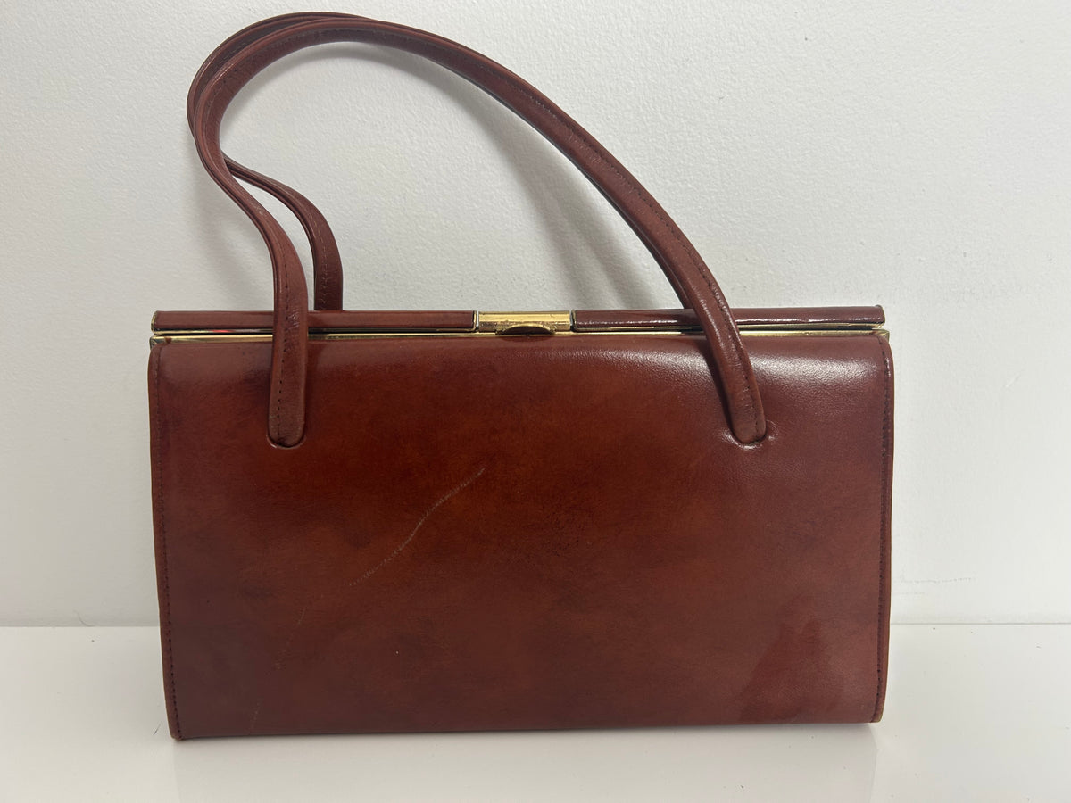 Vintage Early 1960s JONELLE Small Chestnut Brown Real Leather Kelly Style Handbag