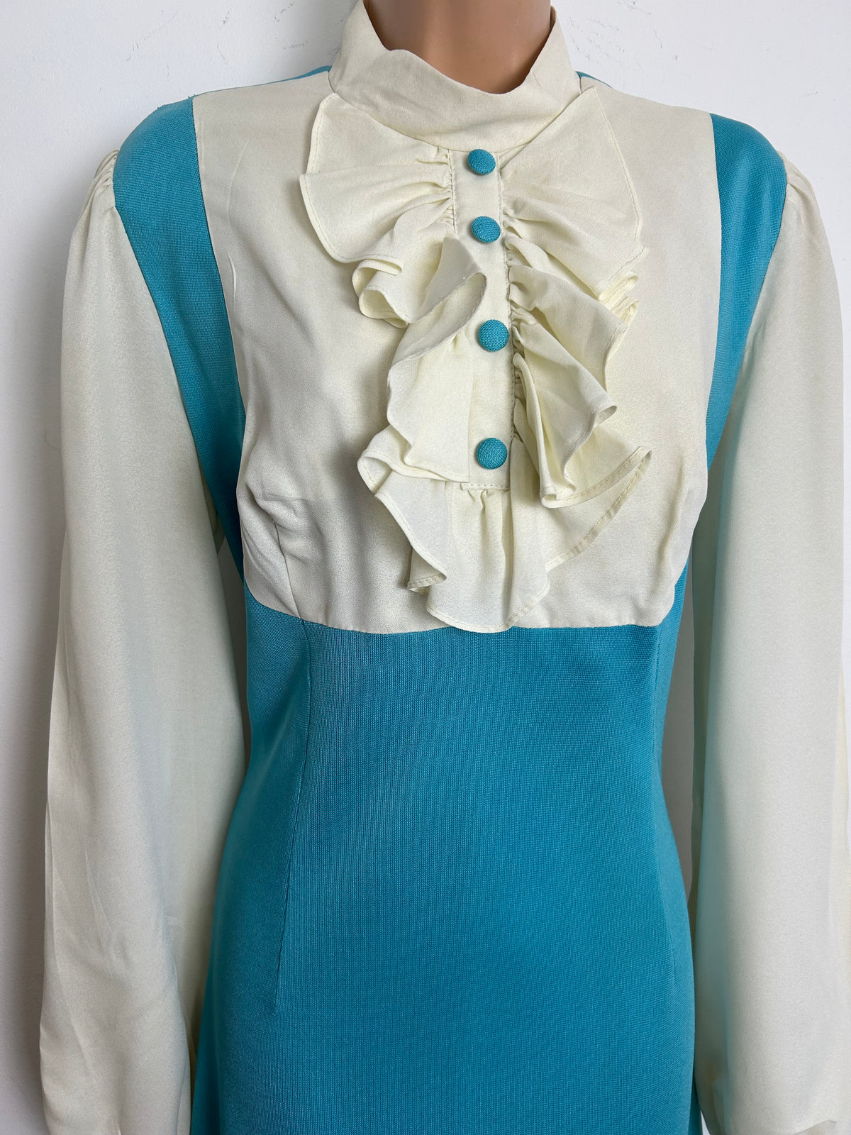 Vintage Late 1960s Size 14 Turquoise & Cream Ruffle Bib Long Sleeve Maxi Dress