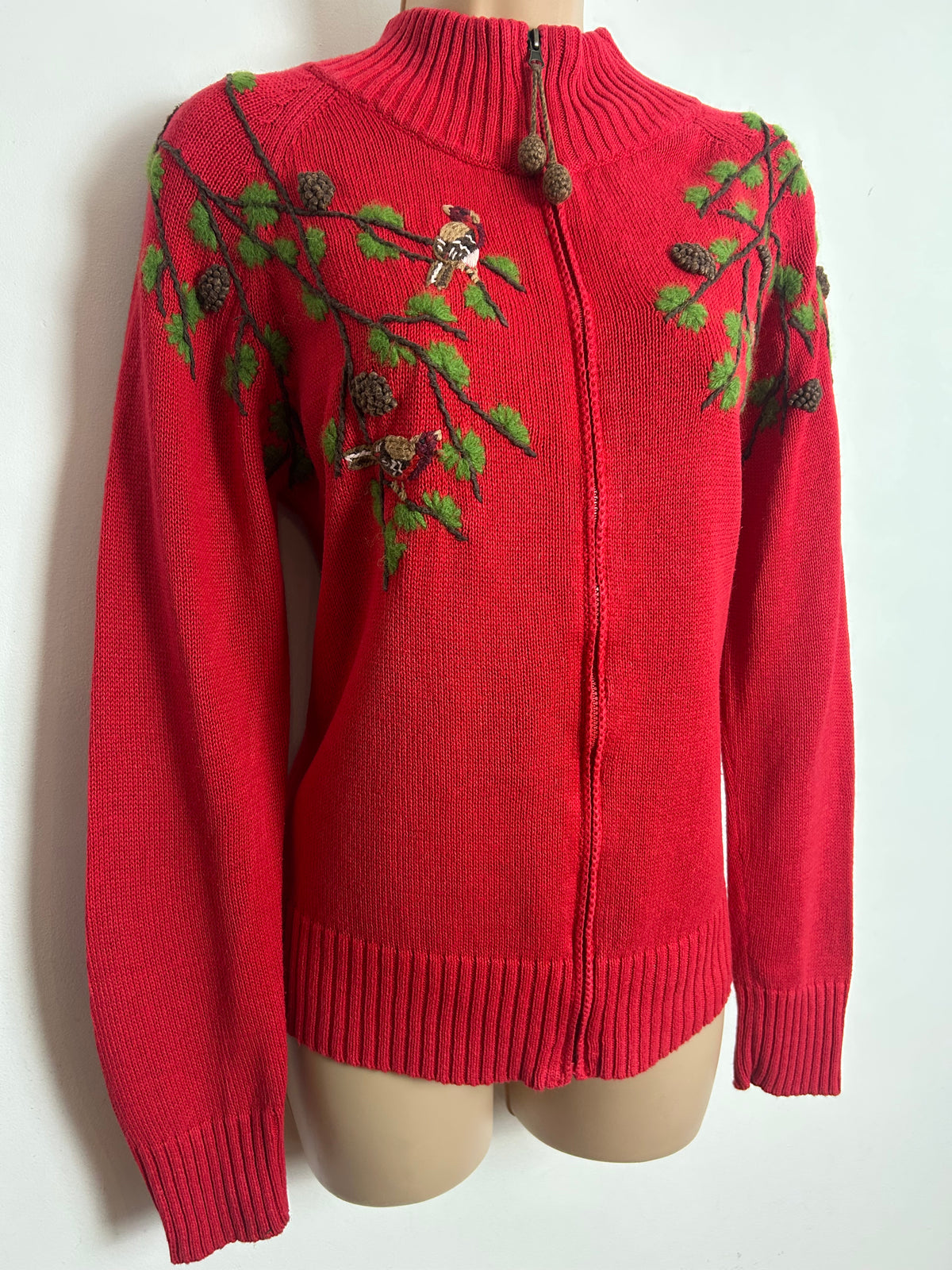 Vintage COLDWATER CREEK Size M Up To 12 Red Cotton Mid Embroidered Bird Woodland Cardigan