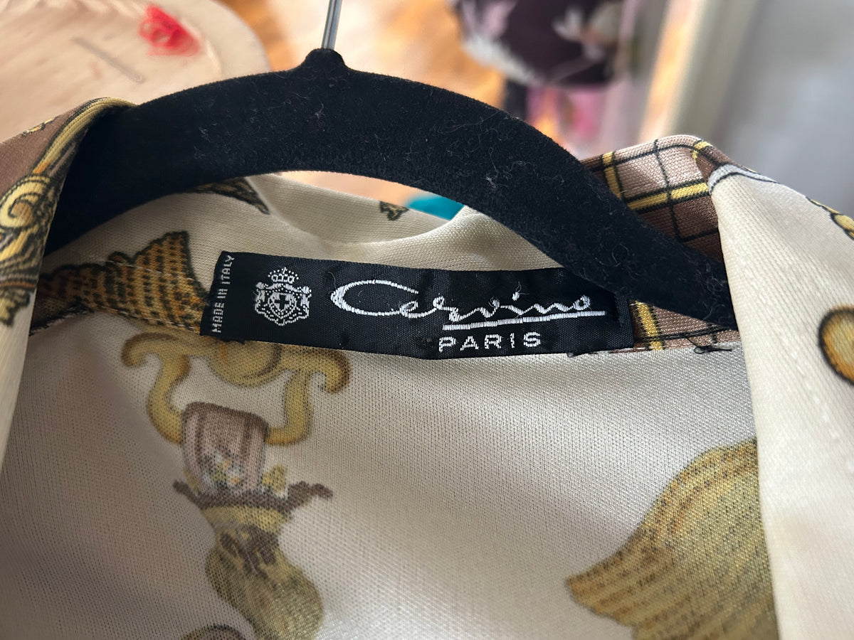 Vintage Early 1980s Size 14 PAUL DAREL SIGNED Cream & Brown Baroque Equestrian Print Shirt