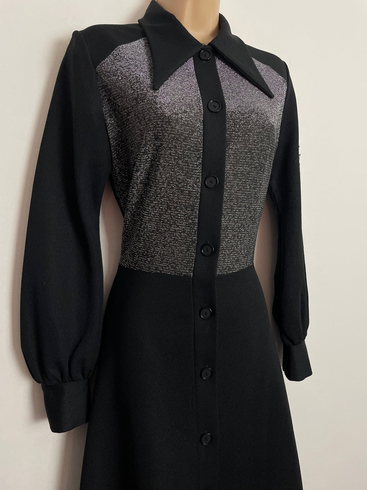 Vintage 1970s UK Size 10 Black & Silver Lurex Bodice Dagger Collar Long Sleeve Maxi Dress
