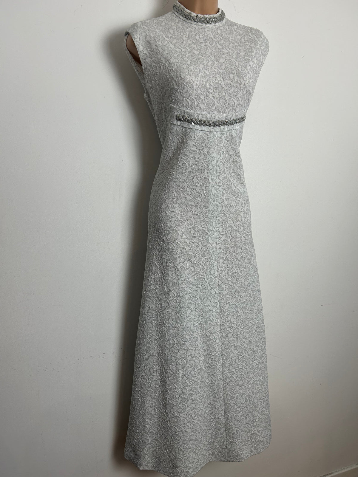 Vintage 1960s Size 12 White & Metallic Silver Braid Trim Crimplene Occasion Evening Maxi Dress