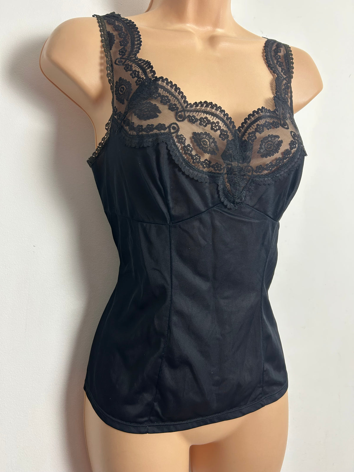 Vintage Size 10 Pretty Black Lace Detail Nylon Camisole
