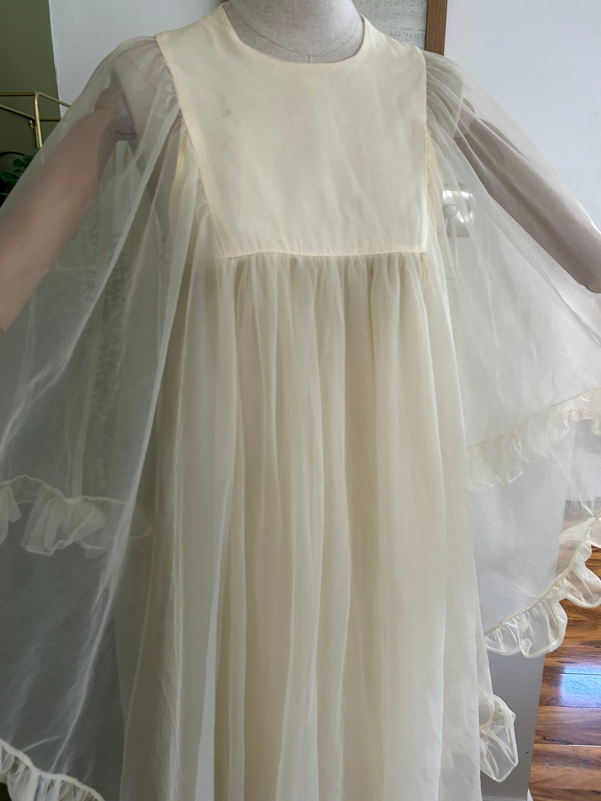 Vintage 1960s Size 10 Cream Nylon Double Layered Ruffle Trim Wide Floaty Sleeve Boho Maxi Dress