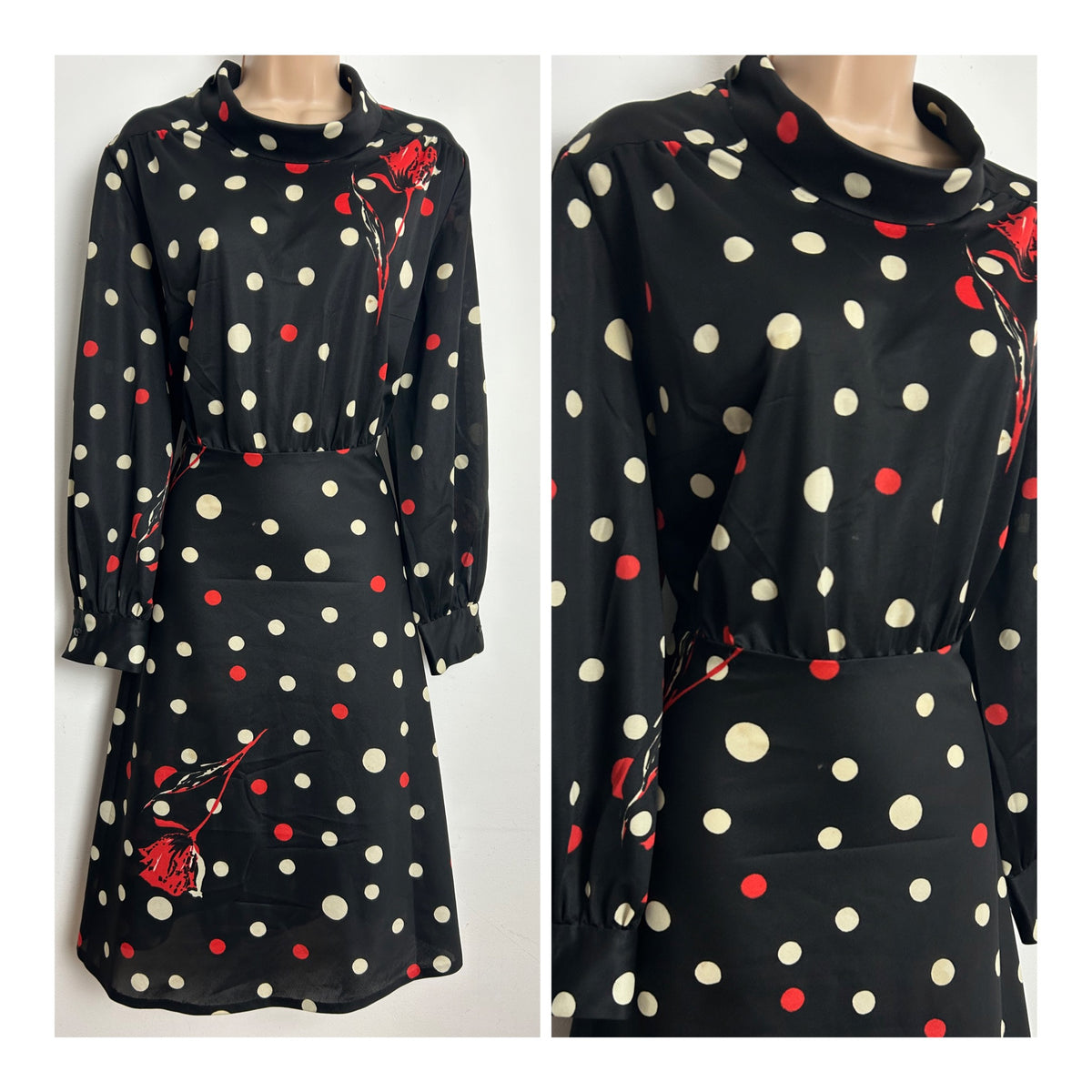Vintage Late 1970s Size 14 Black White & Red Spot & Rose Print Fit & Flare Day Dress