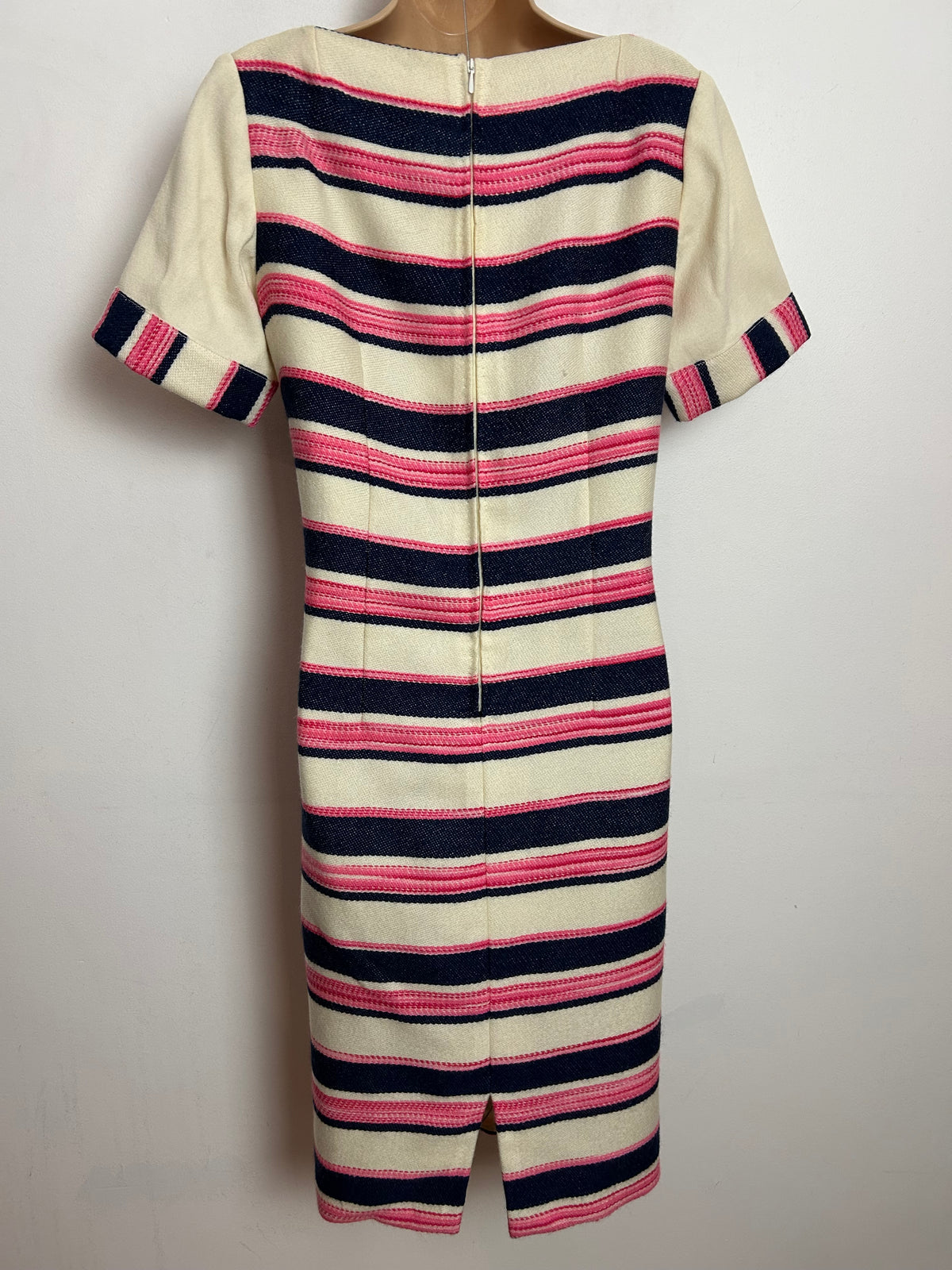 Vintage 1960s CREATION ELEGANCE PARIS UK Size 10-12 Cream Navy Blue & Pink Stripe Pure New Wool Mod Shift Dress