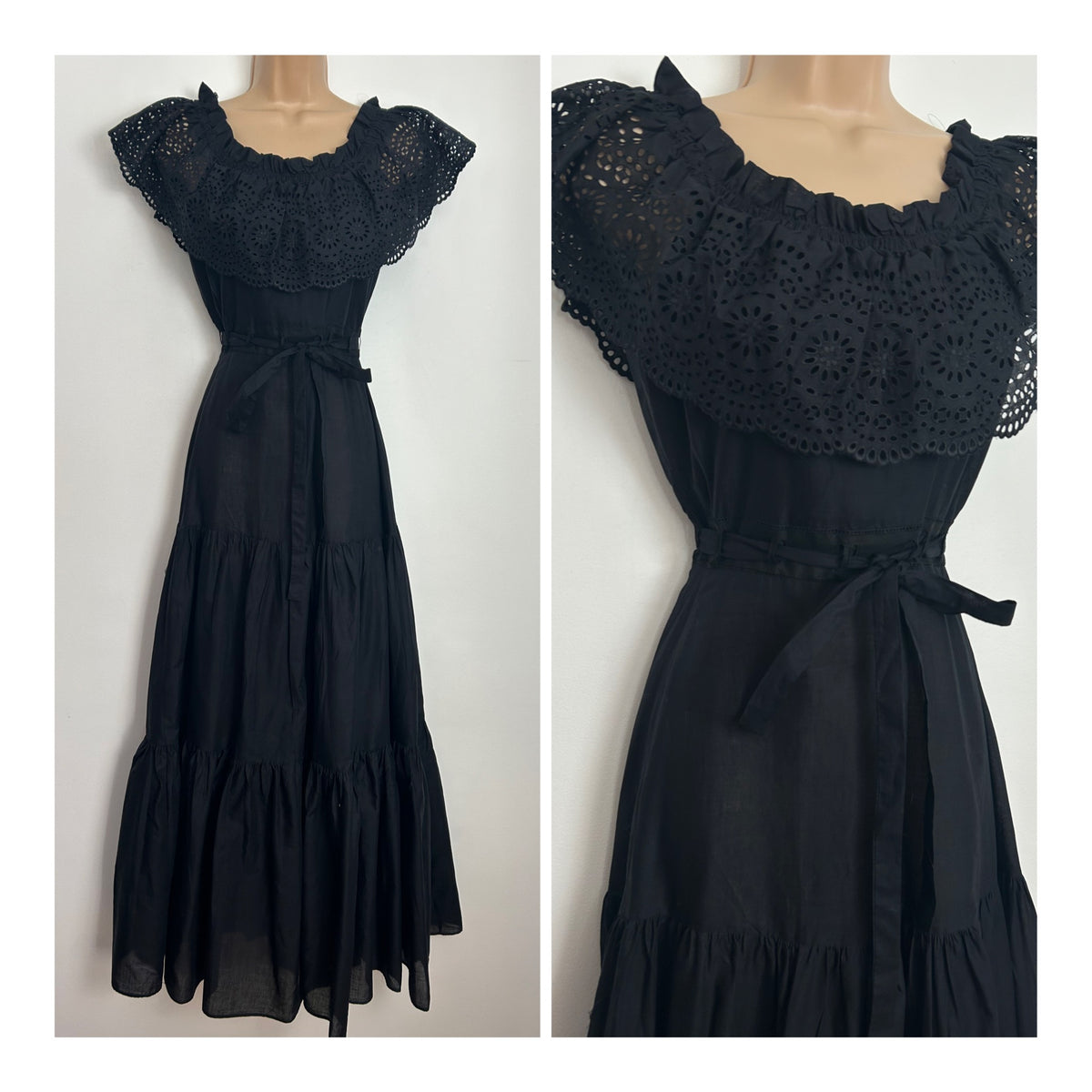 Vintage 1970s Size 6 VERA MONT PARIS Black Cotton Bertha Collar Boho Prairie Maxi Dress