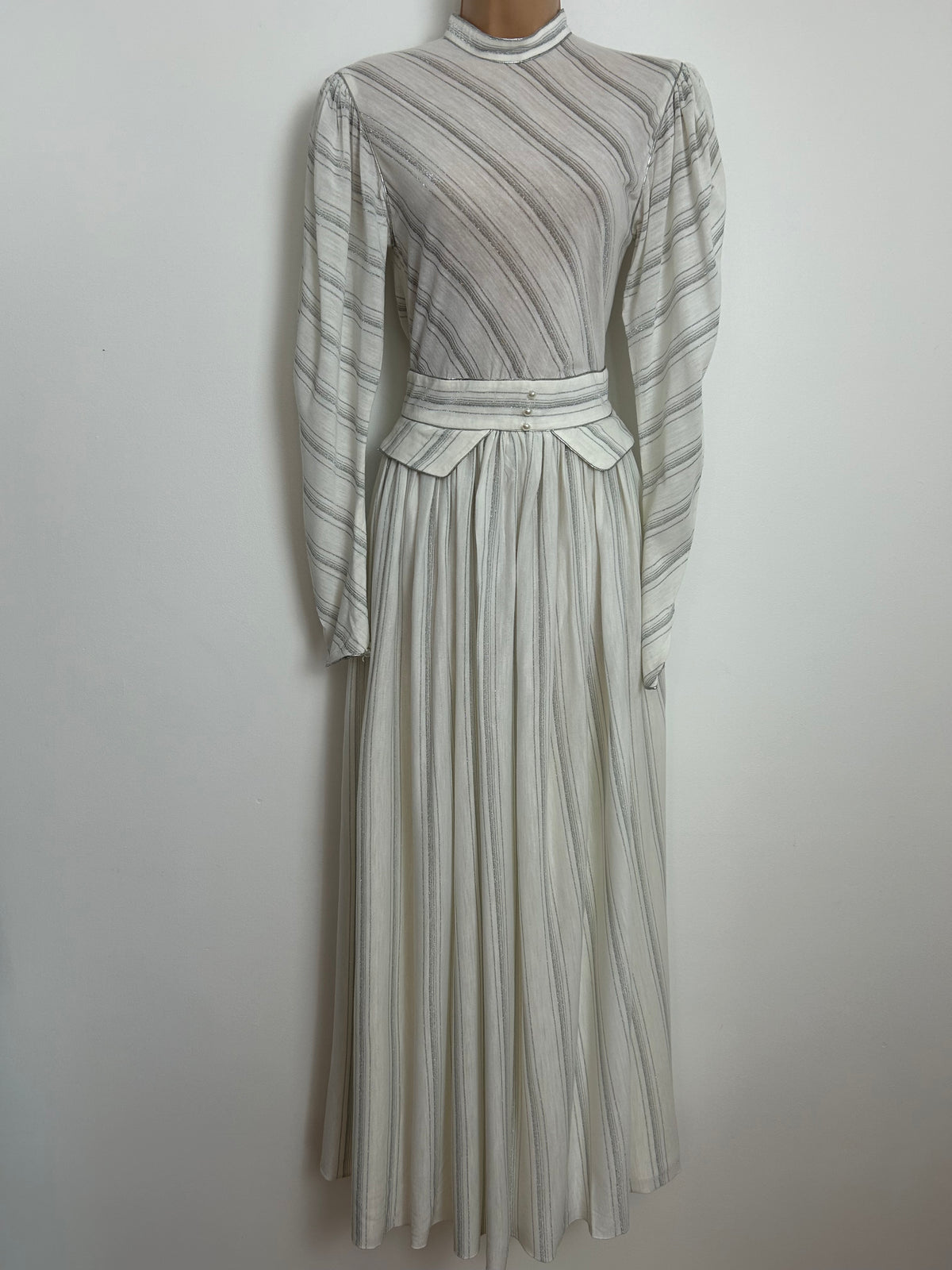 Vintage 1970s PRONUPTIA PARIS Size 6 White & Metallic Silver Stripe Peplum Long Sleeve Maxi Dress