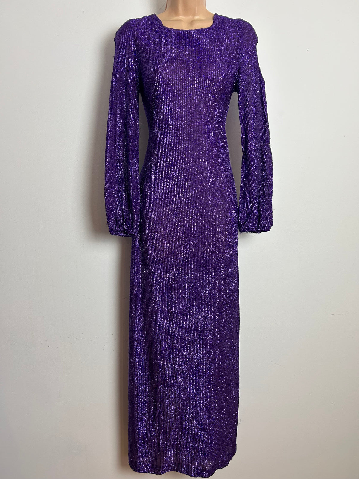 Vintage 1970s Size 6-8 Purple Lurex Glittery Shimmery Long Sleeve Lace Up Black Xmas Party Evening Maxi Dress