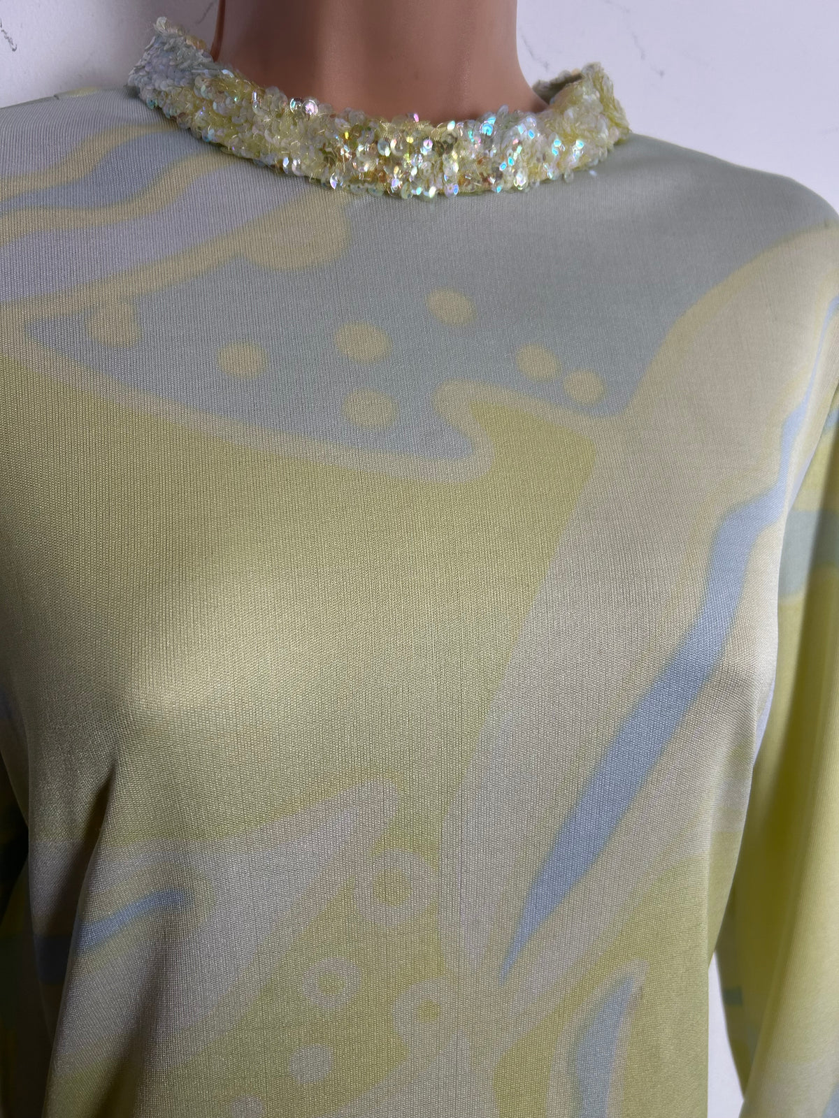 Vintage Late 1960s FRANK USHER Size 10-12 Patel Lemon Blue & Mint Green Abstract Sequin Trim Occasion Maxi Dress s