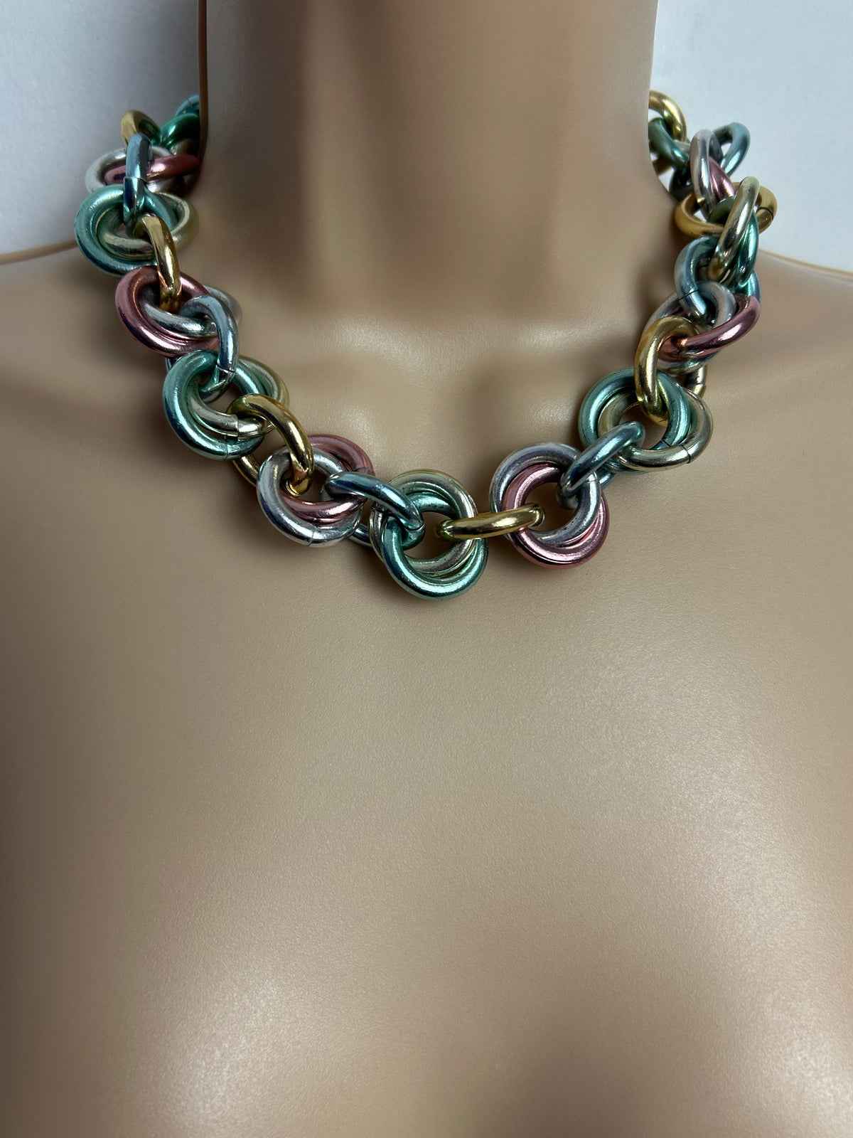 Vintage 90s Pastel Colours Metal Chunky Chain Choker Necklace