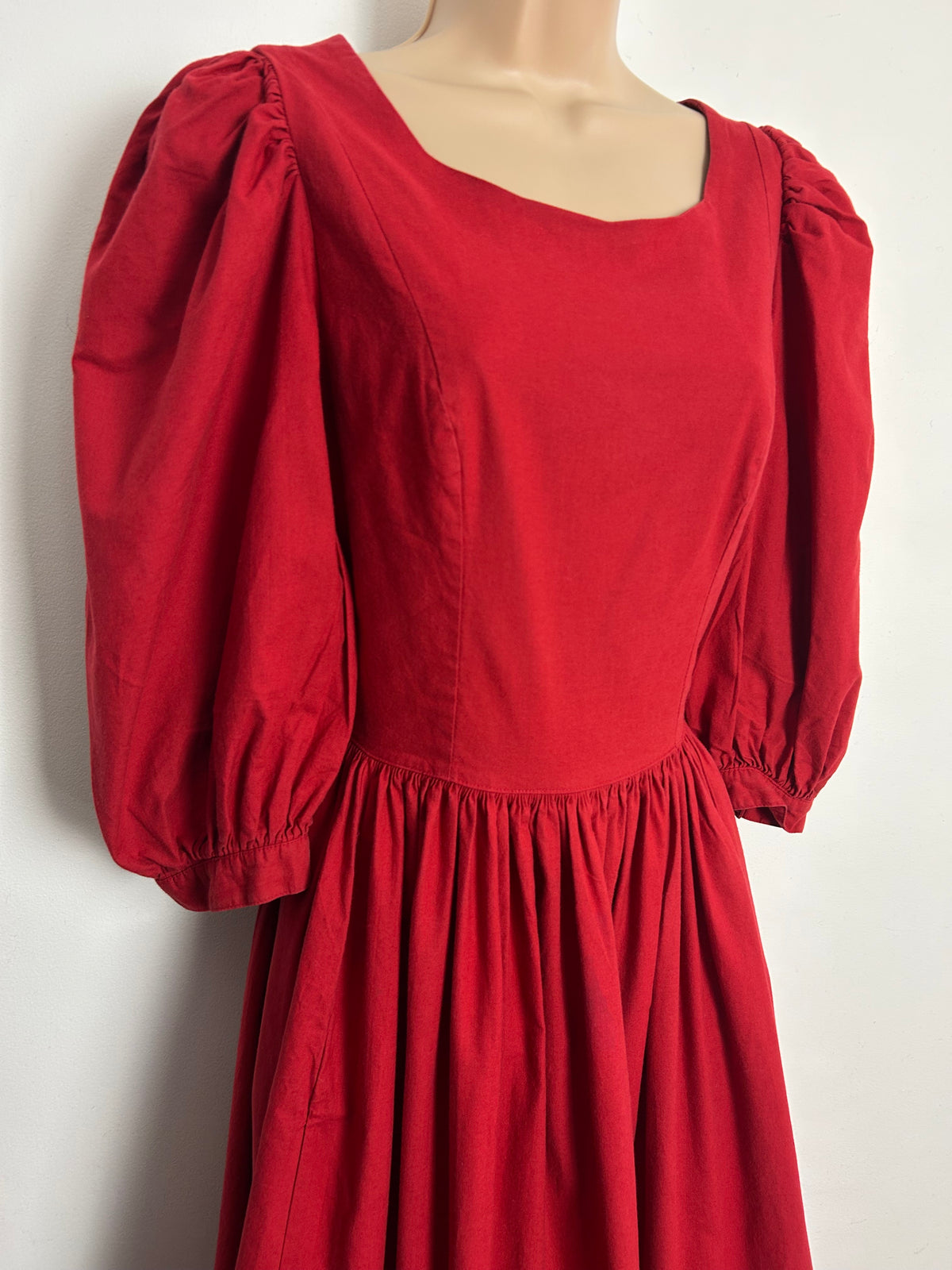 Vintage 1980s LAURA ASHLEY Size 10 (Size 12 On Label) Red Cross Over Back Puff Sleeve Midi Dress