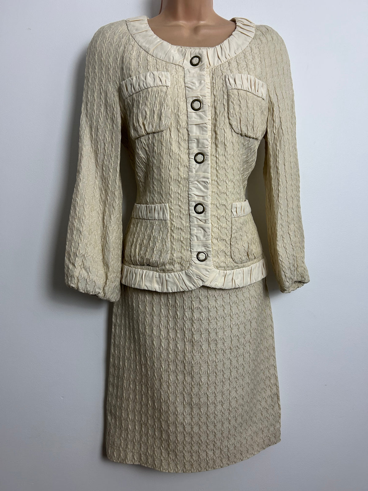 Vintage 1990s MOSCHINO CHEAP & CHIC Size 10 Cream Crinkle 60s Style Dress & Jacket Suit