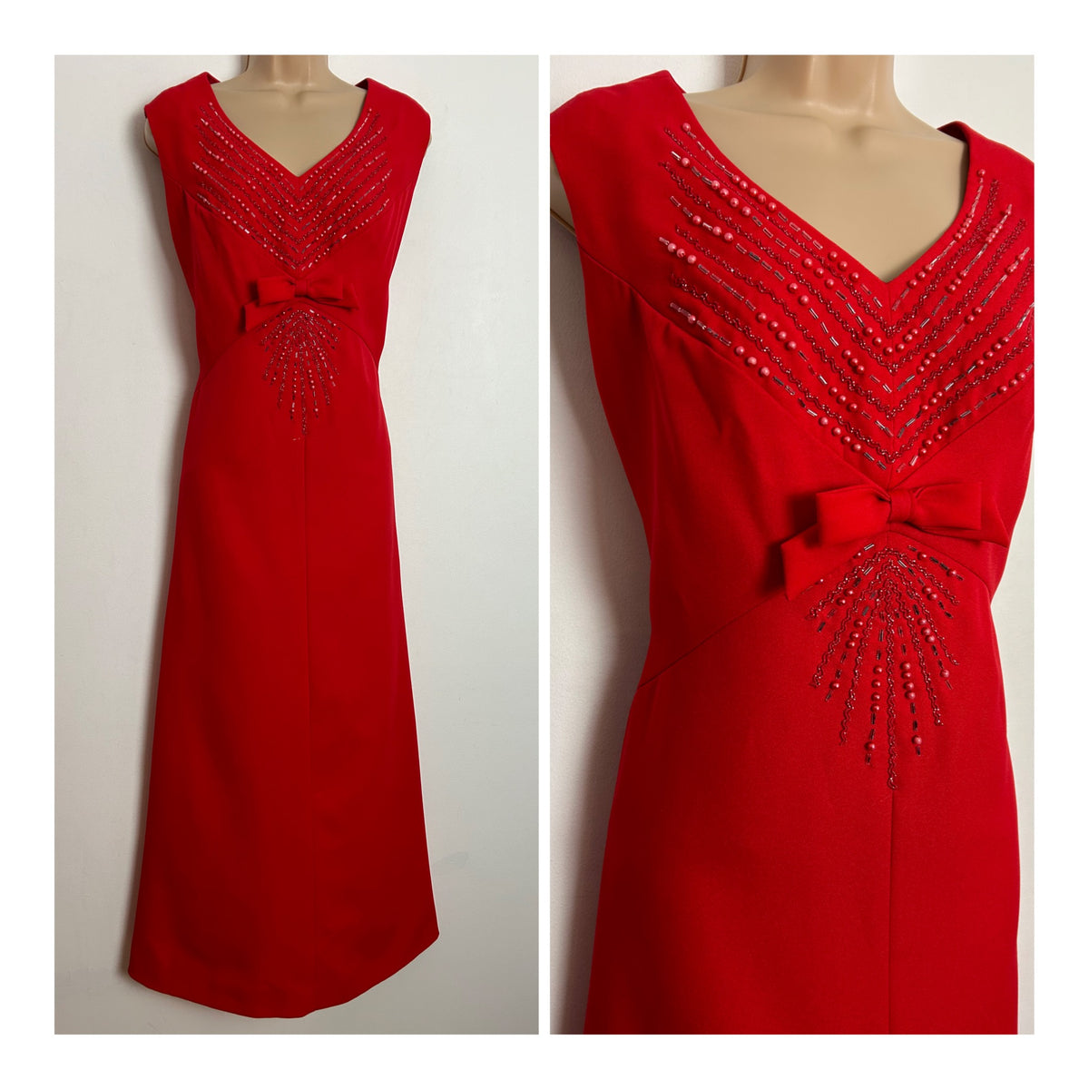 Vintage Late 1960s UK Size 12-14 Red Bead & Bow Embellished Occasion Evening Maxi Dress