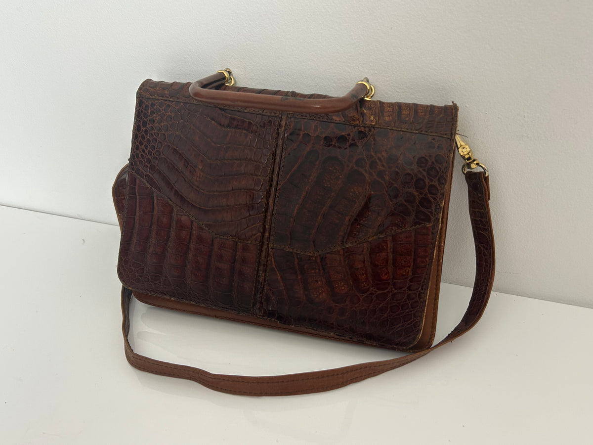 Vintage 1970s Brown Crocodile Skin Leather Handbag With Detachable Shoulder Strap