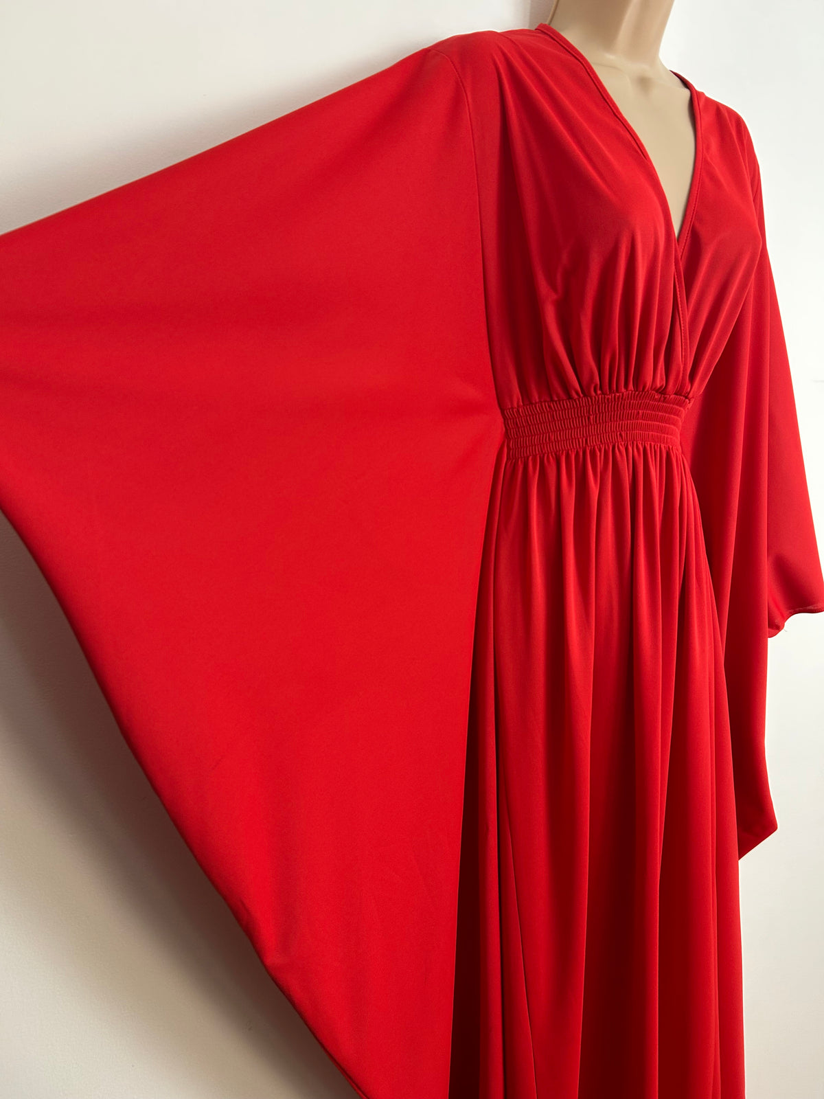 Vintage 1970s Size 8-10 Red Wide Sleeve Shirred Waist Kaftan Style Maxi Dress