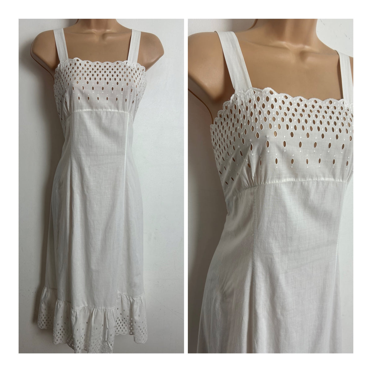 Vintage 1970s Size 10 White Cut Out Detail Cotton Summer Nightdress