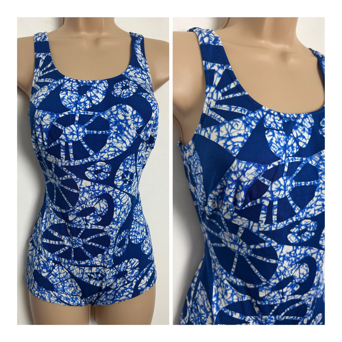 Vintage 1960s FELINA BOUTIQUE Size 12 Blue & White Abstract Print Swimsuit
