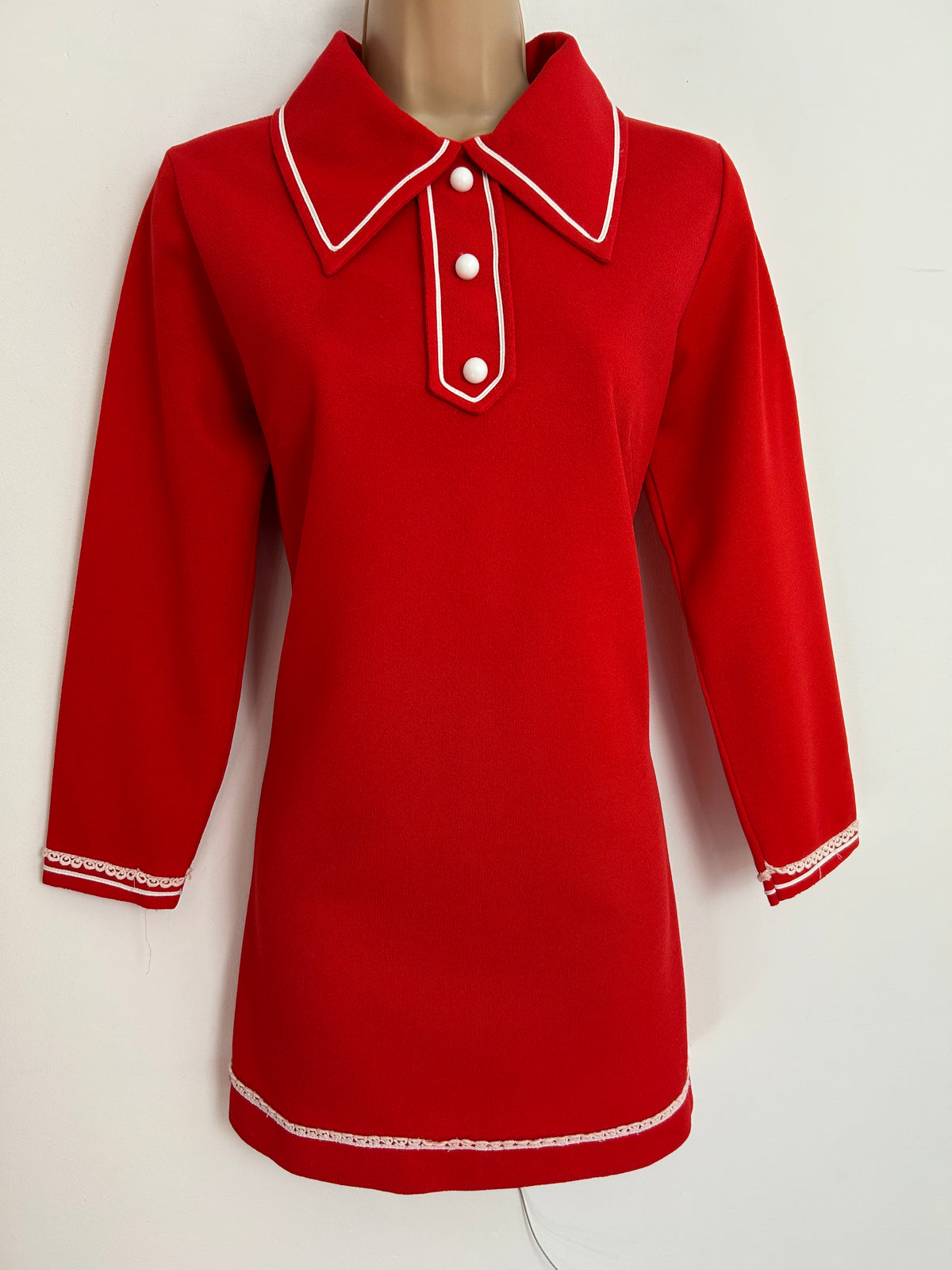 Vintage 1960s UK Size 10-12 Red Crimplene White Trim Mini Mod Shift Dress