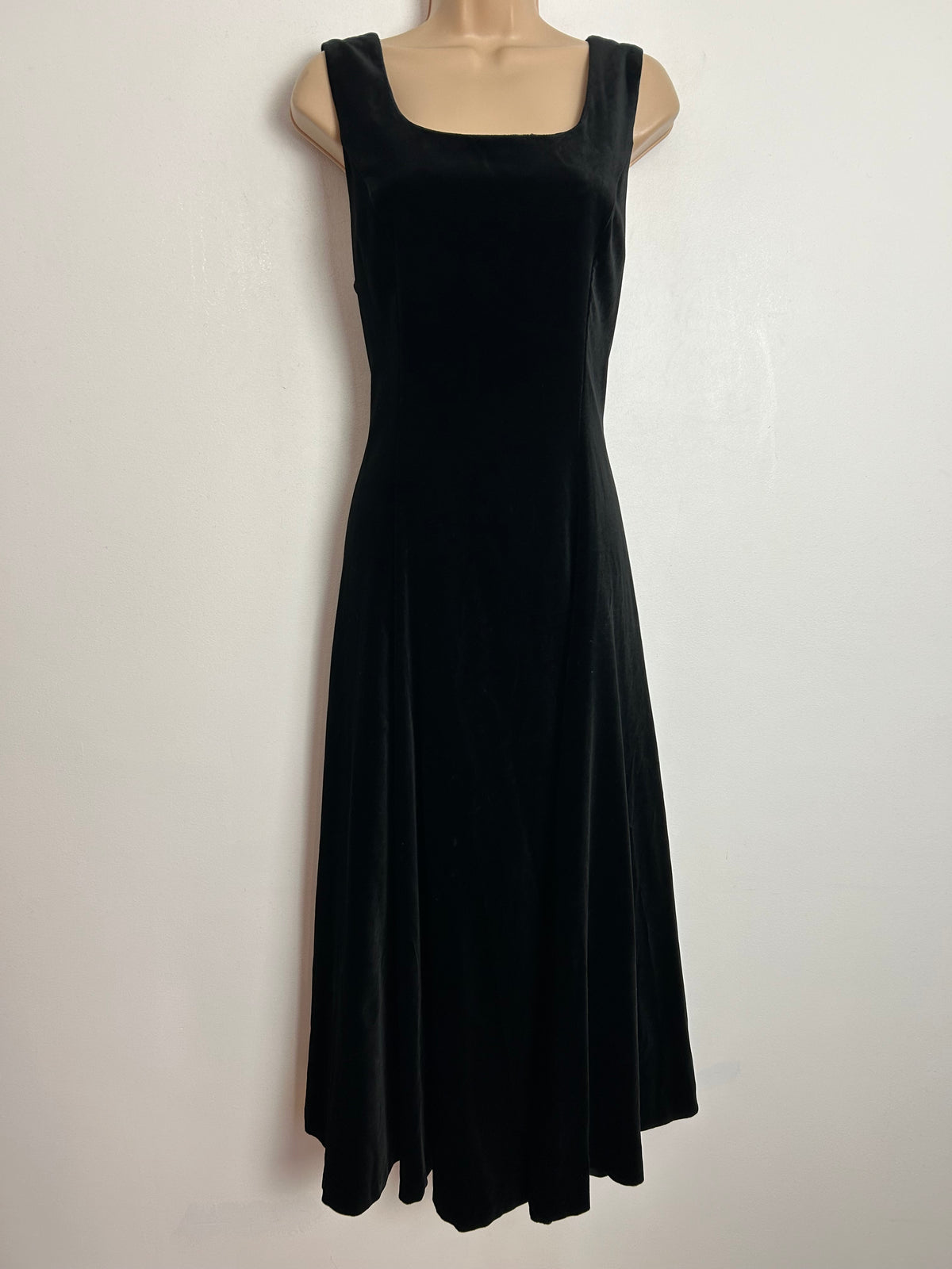 Vintage 1980s LAURA ASHLEY UK Size 12 (Size 14 On Label) Black Velvet Sleeveless Midi Dress