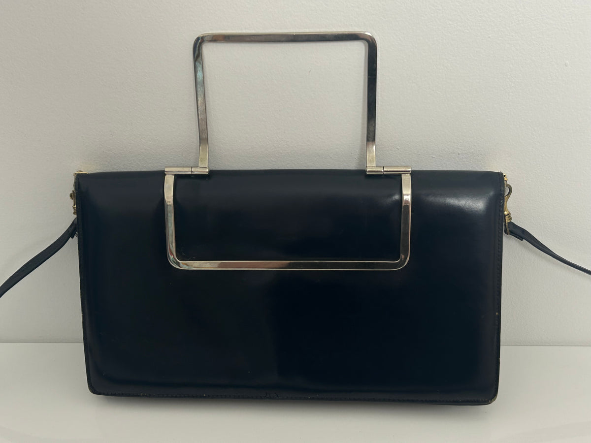 Vintage 1970s Very Dark Blue Leather Silver Handled Mod Clutch Or Shoulder Bag