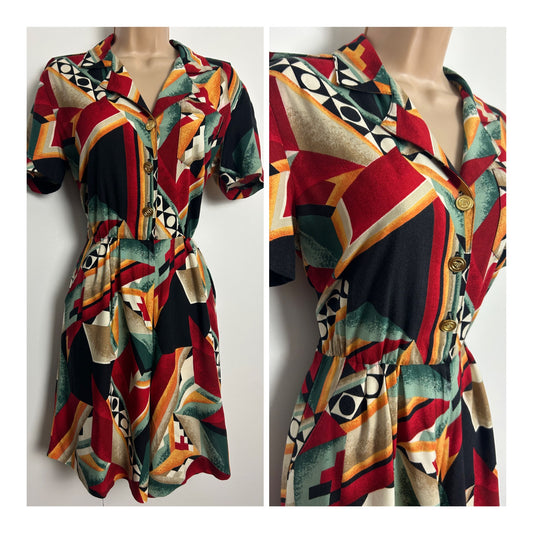 Vintage 1980s Size 10 Dark Red Teal Beige & Orange Abstract Print Romper Playsuit