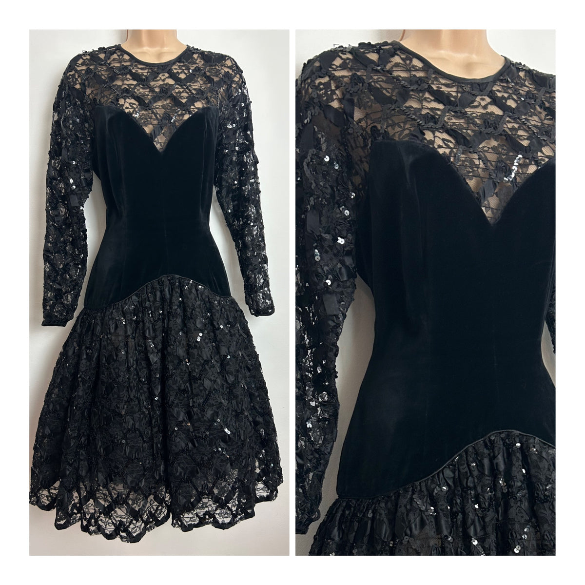 Vintage 1980s BERNSHAW Size 12 Black Velvet & Lace Long Sleeve Cocktail Party Evening Dress