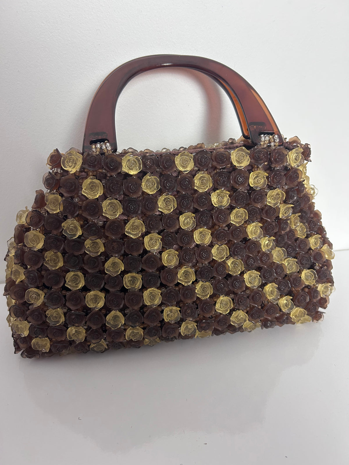 Vintage 1960s Gorgeous Brown & Beige Heavy Plastic Roses & Beaded Handbag
