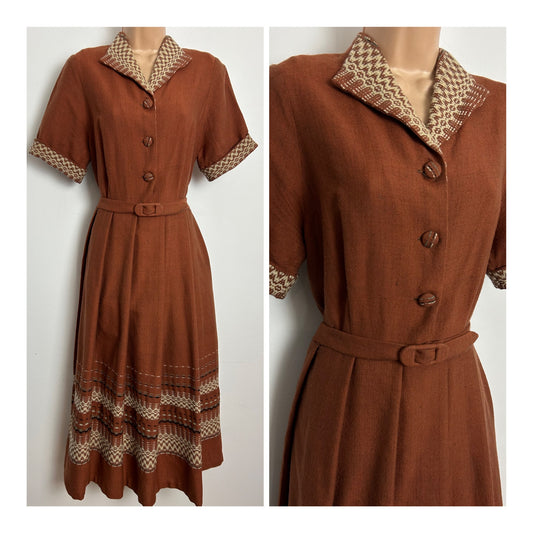 Vintage Late 1940s Size 12-14 Rusty Brown Short Sleeve Belted Pleated Day Dress
