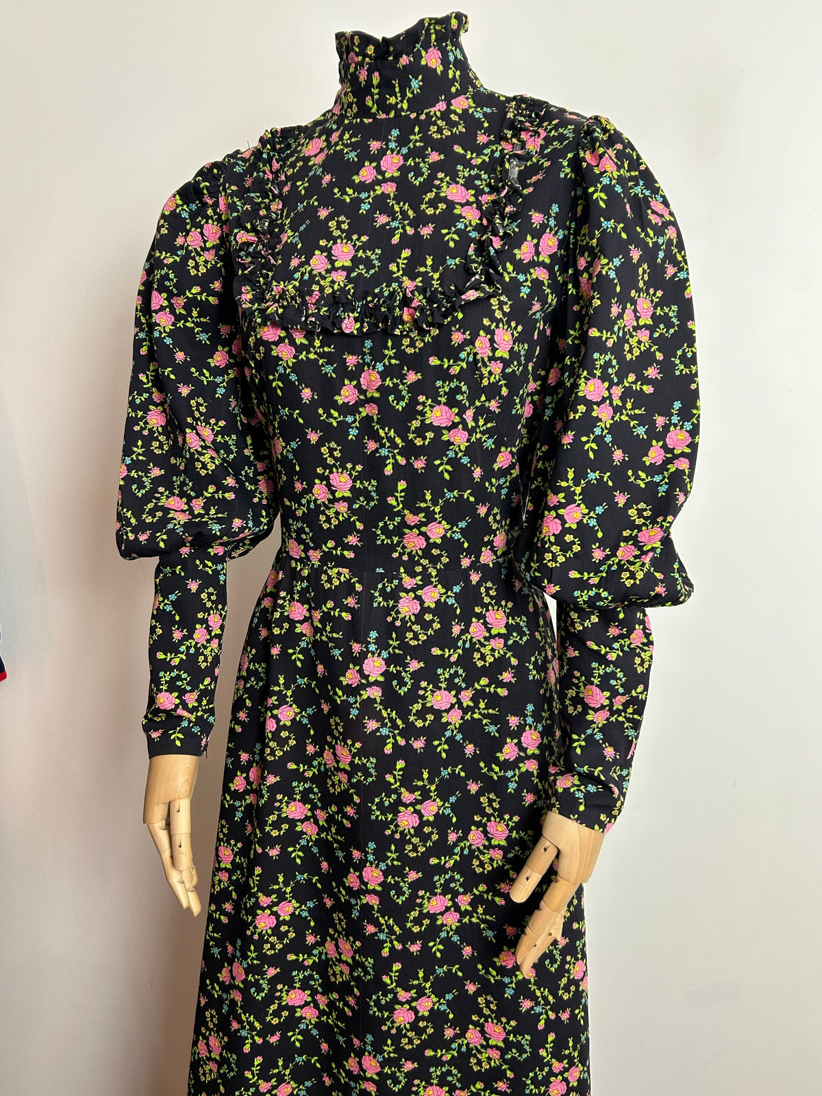 Vintage 1970s UK 10 Black Pink & Green Floral Print Ruffle Trim Long Sleeve Cotton Prairie Maxi Dress