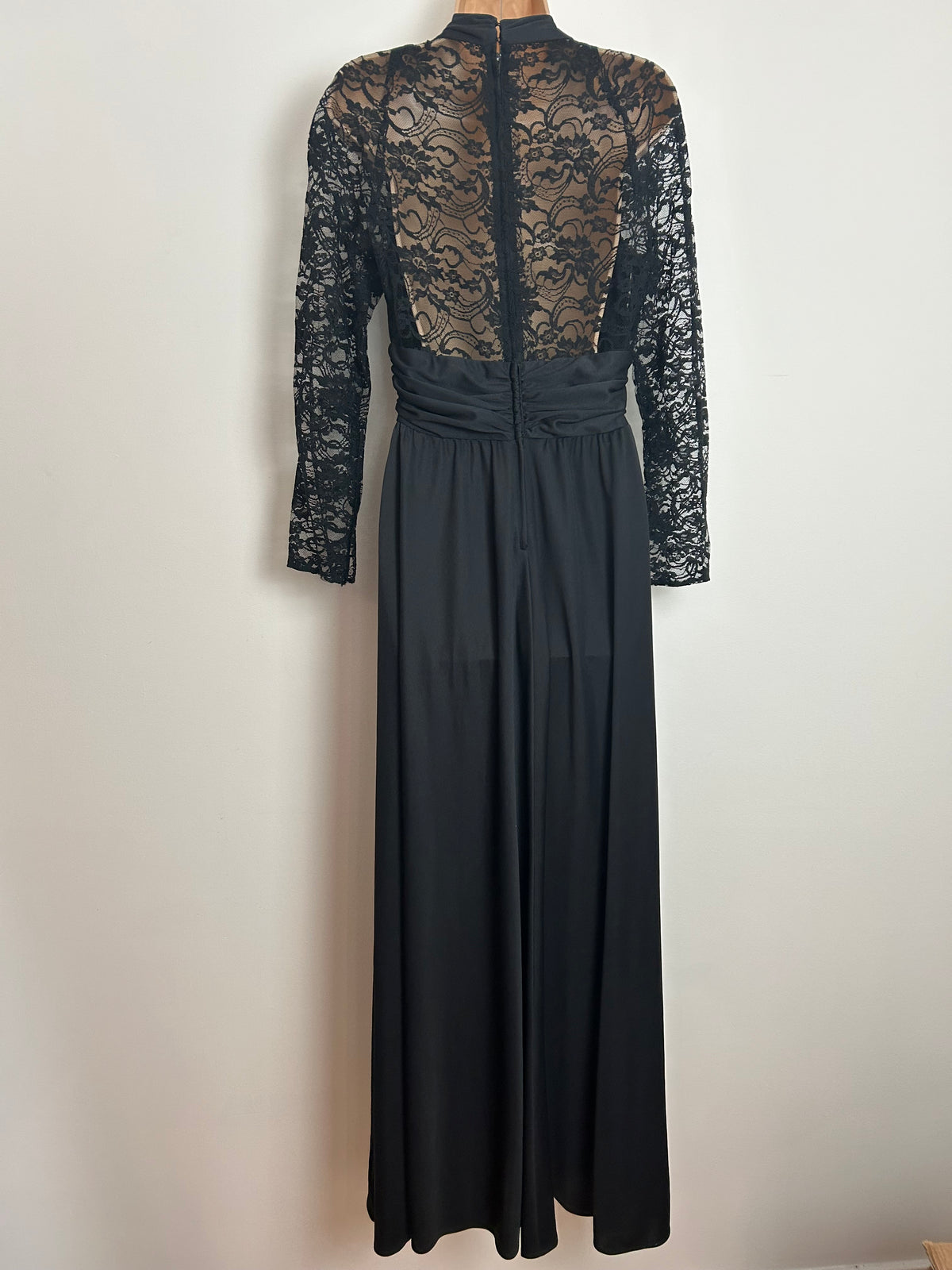 Vintage 1970s Size 10 Black Lace Bodice Long Sleeve Tie Waist Occasion Evening Maxi Dress