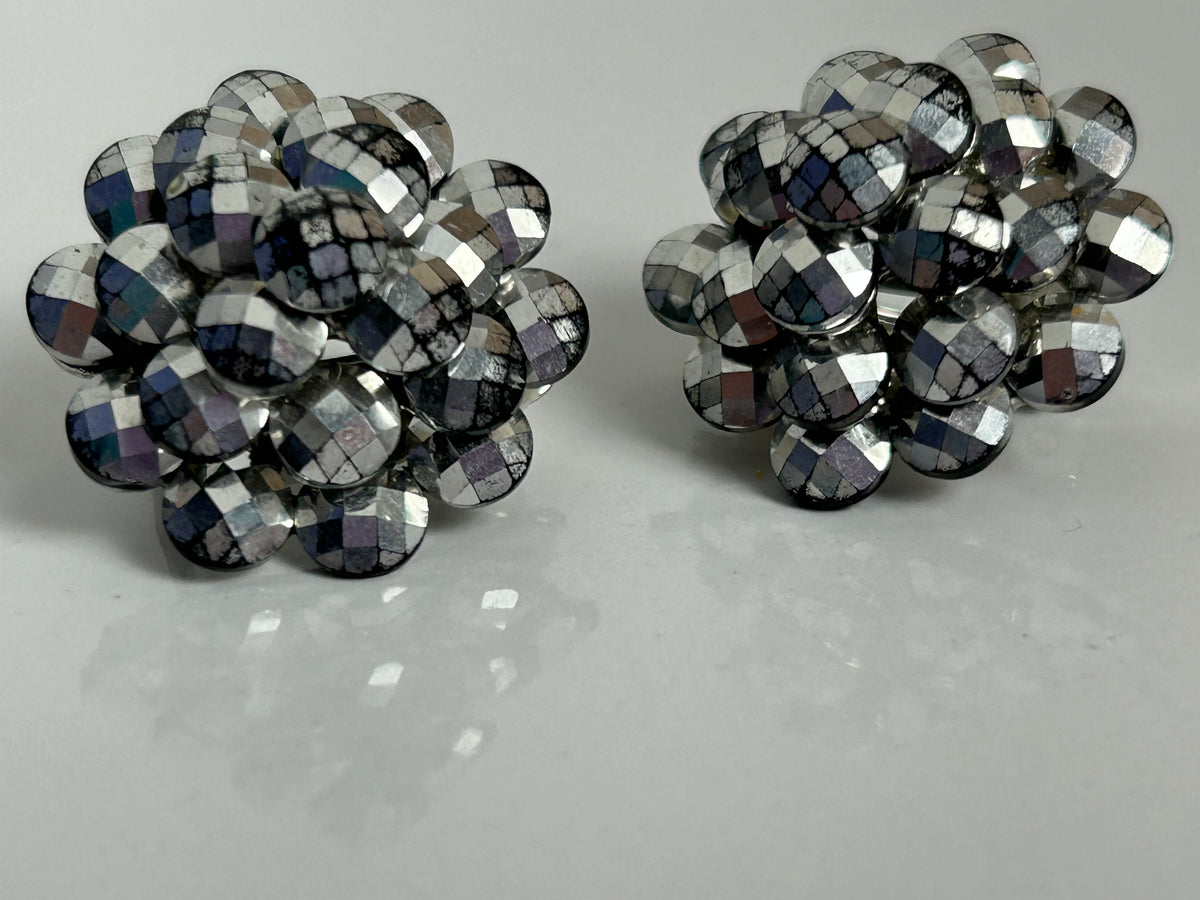 Vintage 1960s Gorgeous Silver Disco Ball Effect Cluster Clip On Earrings