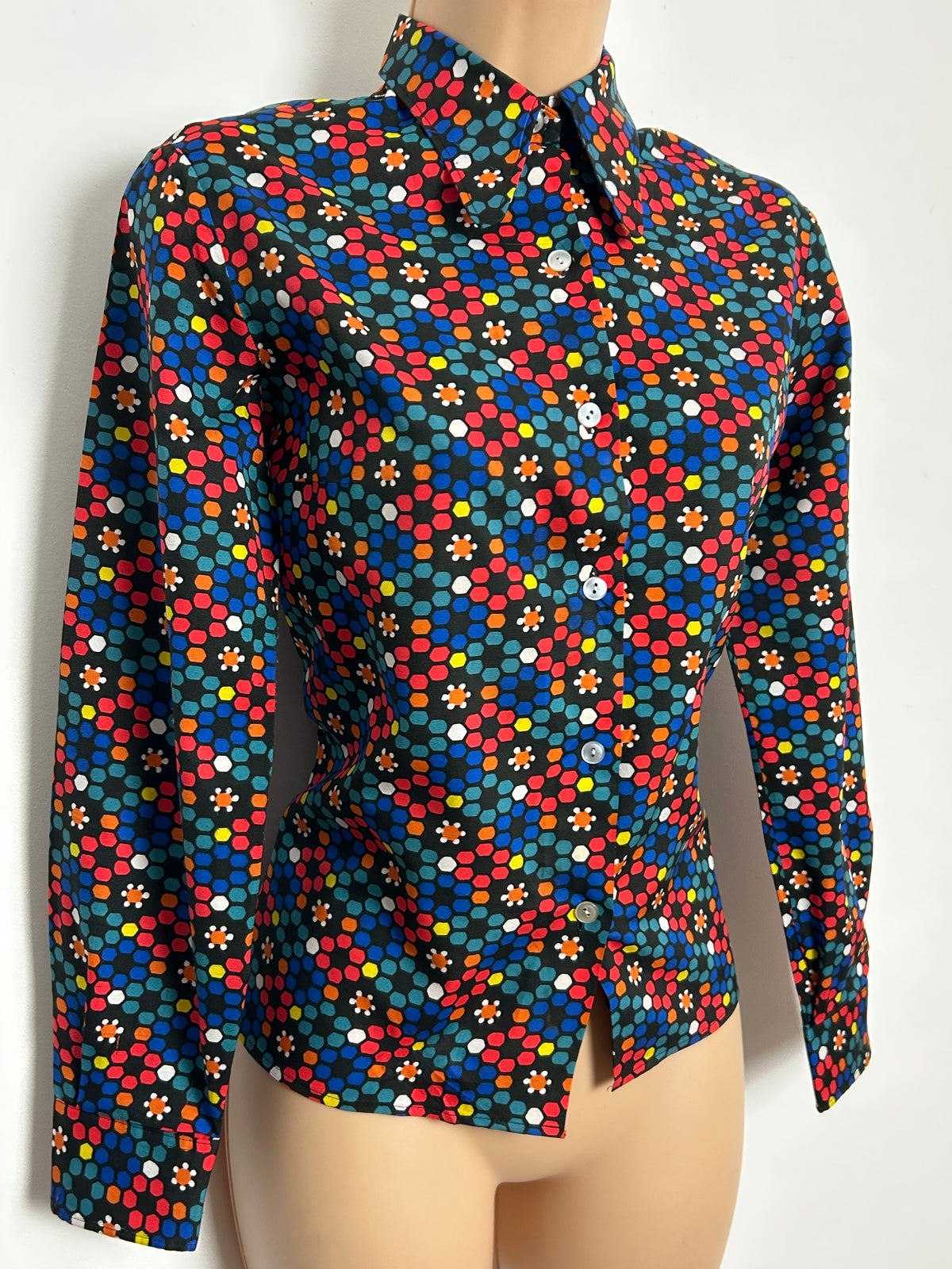Vintage 1970s PARISIAN Size 8-10 Black Multicolour Abstract Print Beagle Collar Shirt