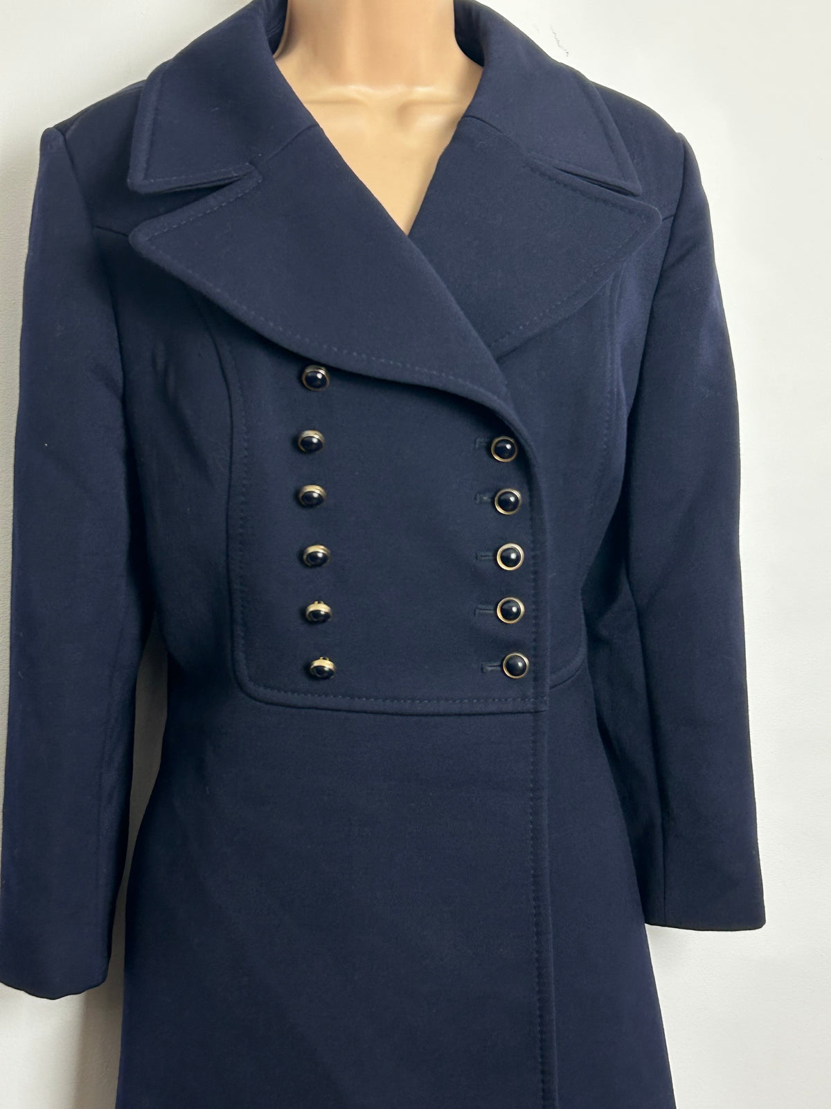 Vintage 1970s KEMPER Size 12 Navy Blue Pure New Wool Double Breasted Military 3/4 SleeveStyle Pea Coat
