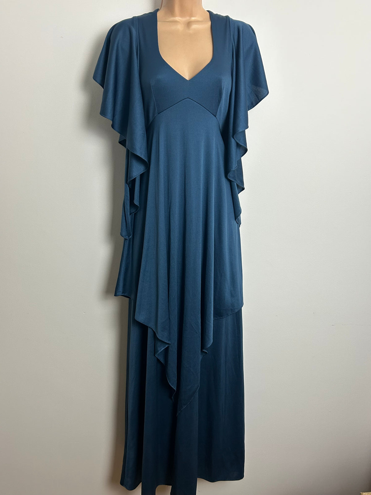 Vintage 1970s MR DARREN Size 8-10 Midnight Dusky Blue Frill Floaty Sleeve Double Layered Maxi Dress