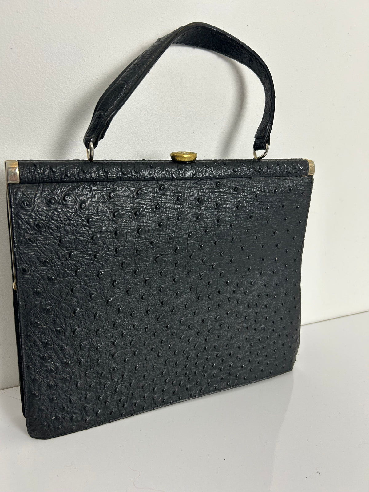 Vintage 1950s Black Ostrich Leather Kelly Style Handbag