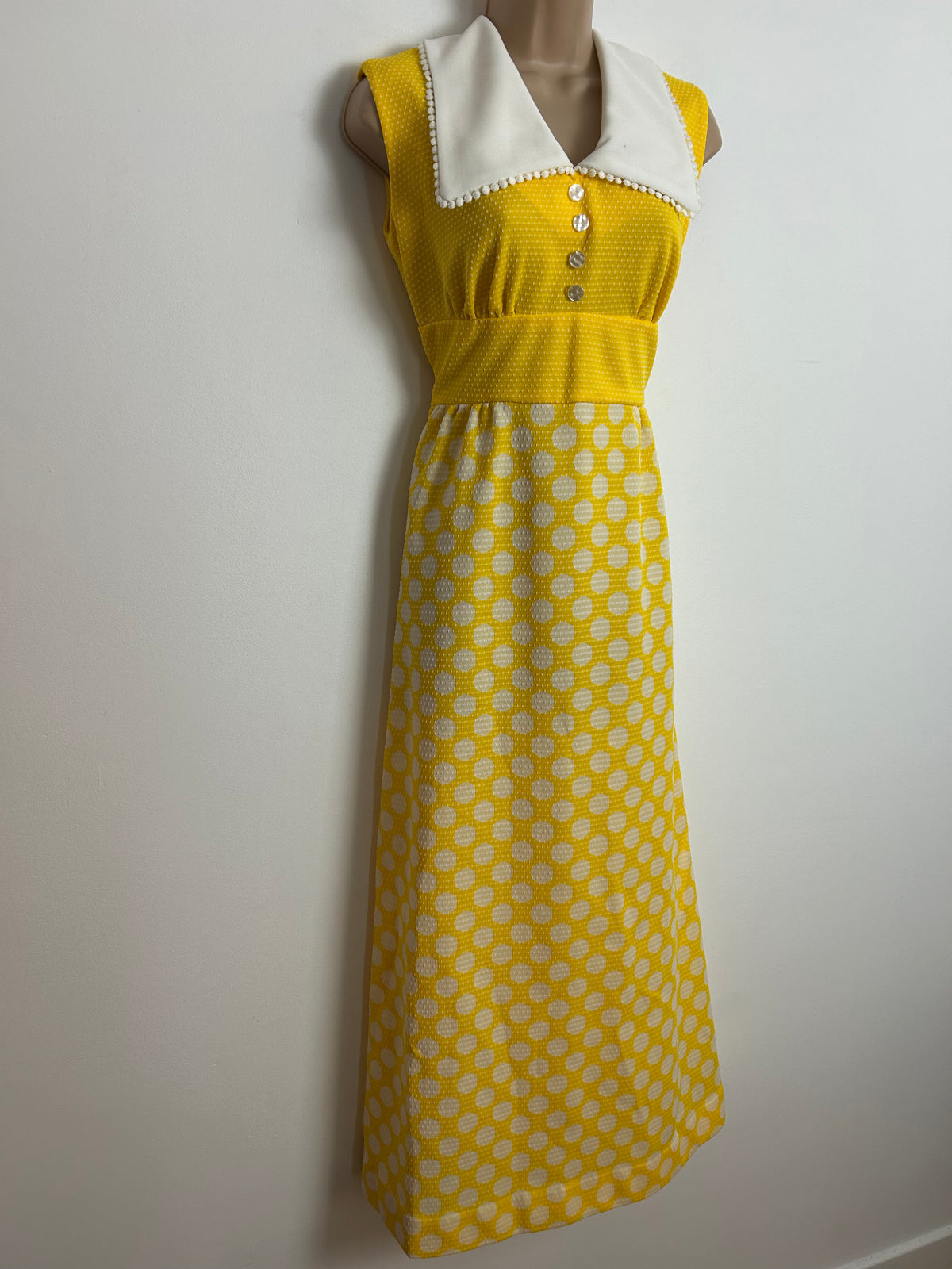 Vintage 197s UK Size 8-10 Canary Yellow & White Polka Dot Spotty Wide Collared Maxi Dress
