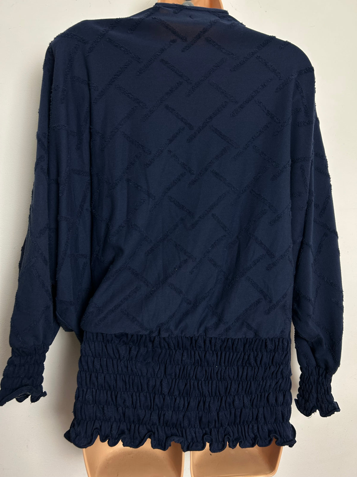Vintage 1980s Size 16 Navy Blue Textured Cotton Bat Wing Shirred Waist Top