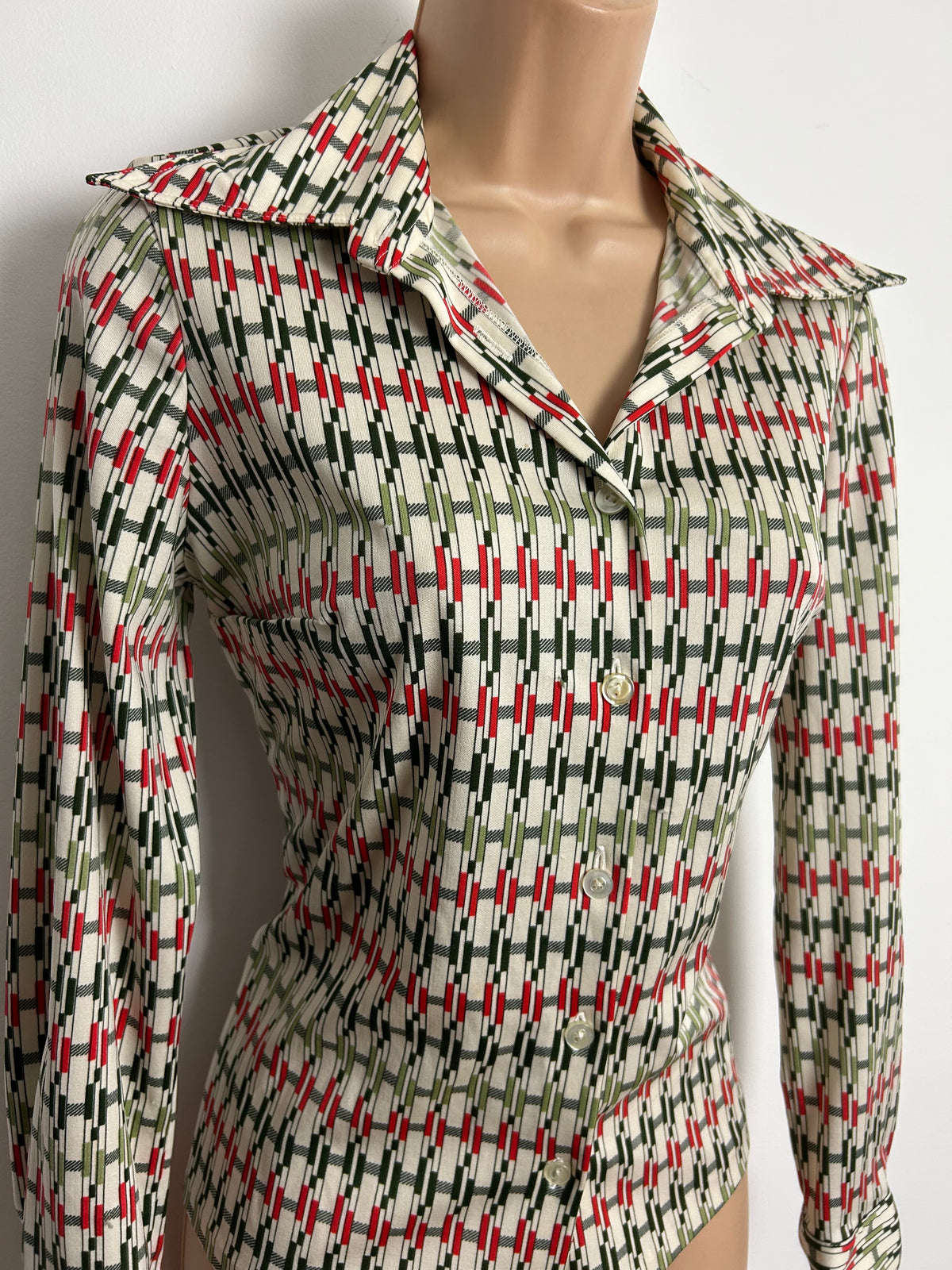 Vintage 1970s Size 10 Cream Green & Red Stripe Print Long Sleeve Shirt