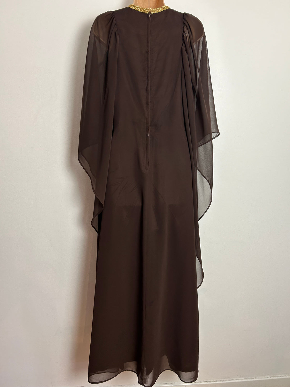 Vintage Late 1960s FIONA UK Size 10 Chocolate Brown Gold Braid Trim Very Wide Floaty Sleeve Occasion Maxi Dress