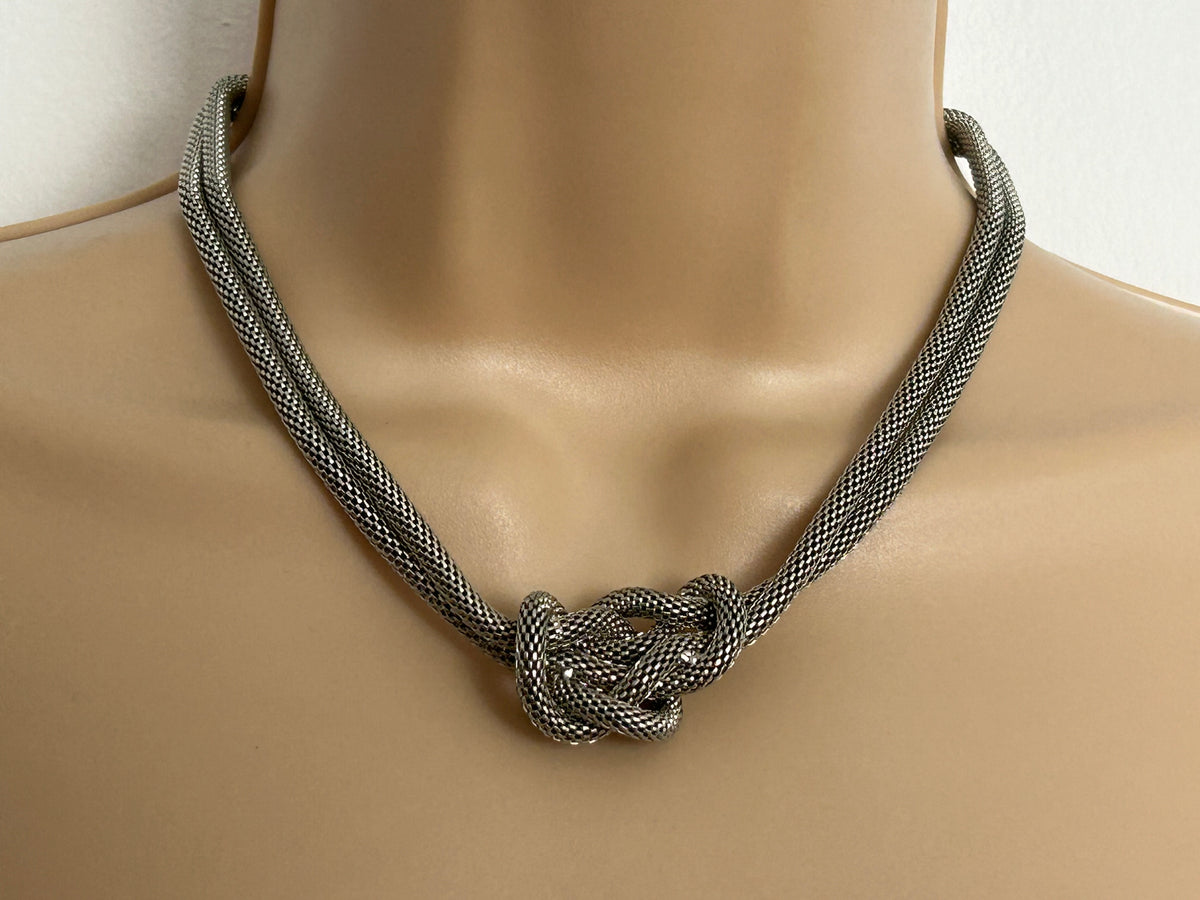 Vintage Silver Tone Mesh Metal Twist Knot Double Strand Necklace
