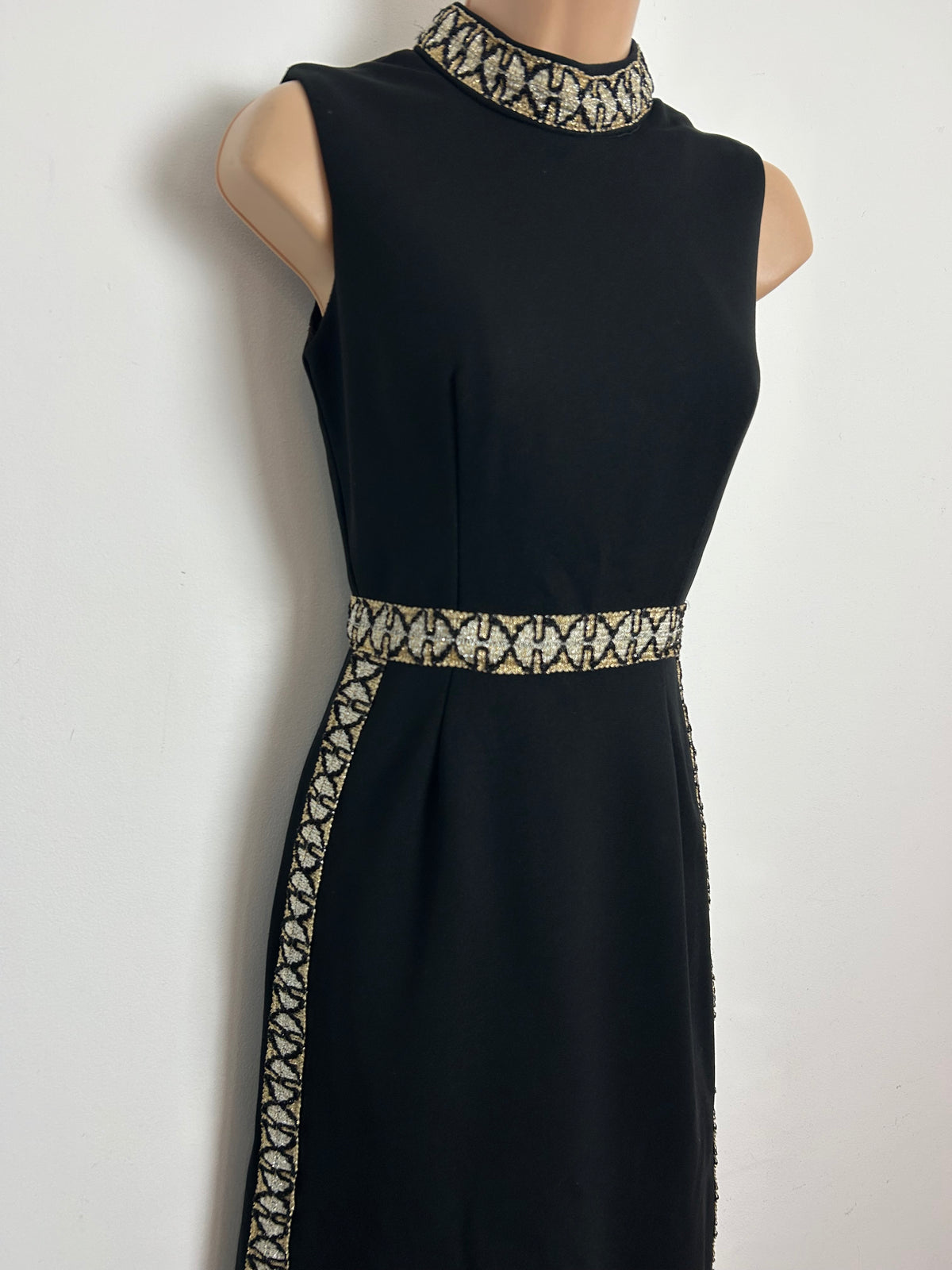 Vintage 1960s RONDA ROY Size 6 Black Evening Mod Dress With Silver & Gold Braid Trim Detail