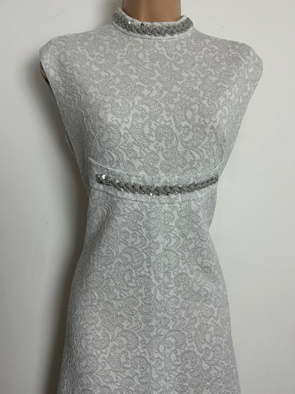 Vintage 1960s Size 12 White & Metallic Silver Braid Trim Crimplene Occasion Evening Maxi Dress